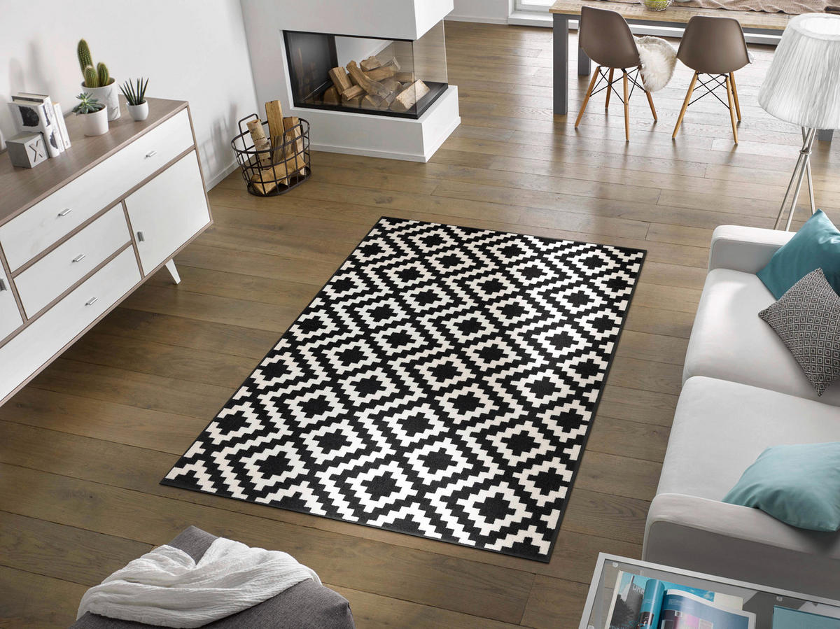 COVOR CU ȚESĂTURĂ PLATĂ Kalmar  - alb/negru, Konventionell, plastic/textil (115/175cm) - wash+dry