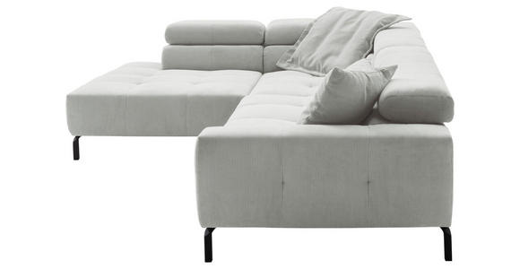 ECKSOFA Hellgrau Feincord Rücken echt, Kopfteilverstellung, Sitzvorzug  - Hellgrau/Schwarz, KONVENTIONELL, Textil/Metall (219/311cm) - Hom`in