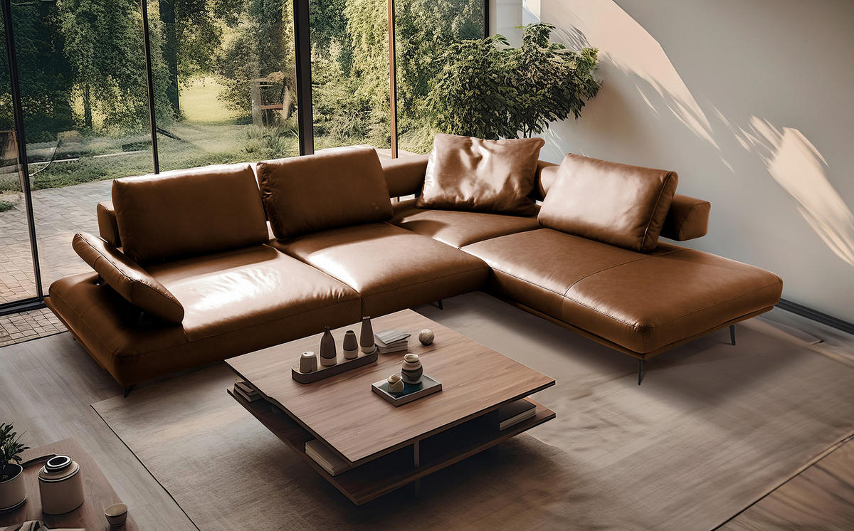 ECKSOFA Cognac Echtleder  - Cognac/Schwarz, Design, Leder/Metall (306/237cm) - Livetastic