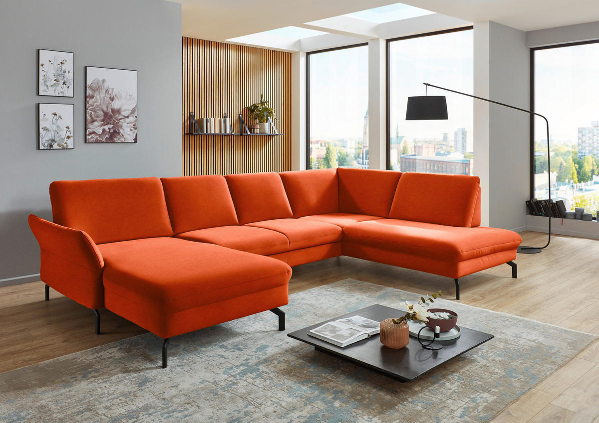 WOHNLANDSCHAFT in Velours Orange  - Schwarz/Orange, Design, Textil/Metall (179/335/220cm) - Beldomo System
