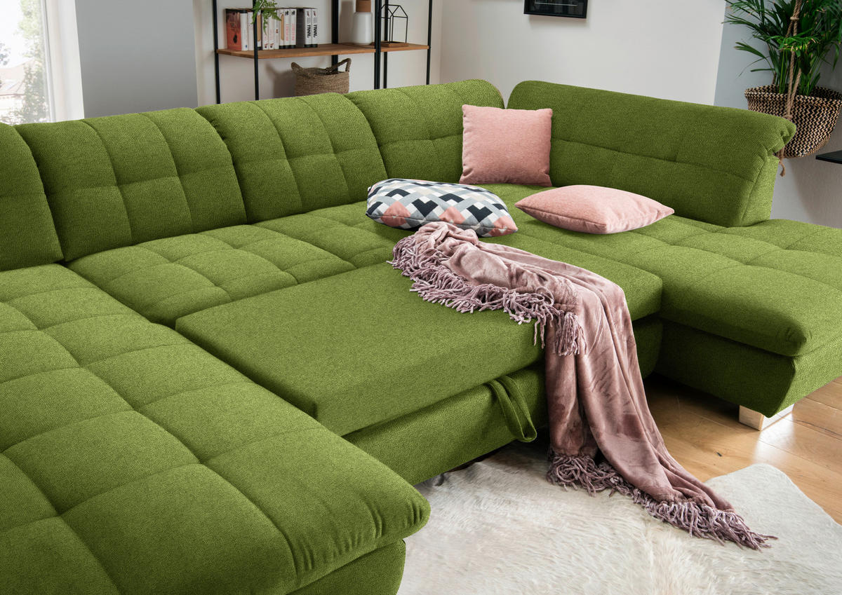 WOHNLANDSCHAFT in Mikrofaser Grün  - Chromfarben/Grün, Design, Kunststoff/Textil (211/350/204cm) - Xora