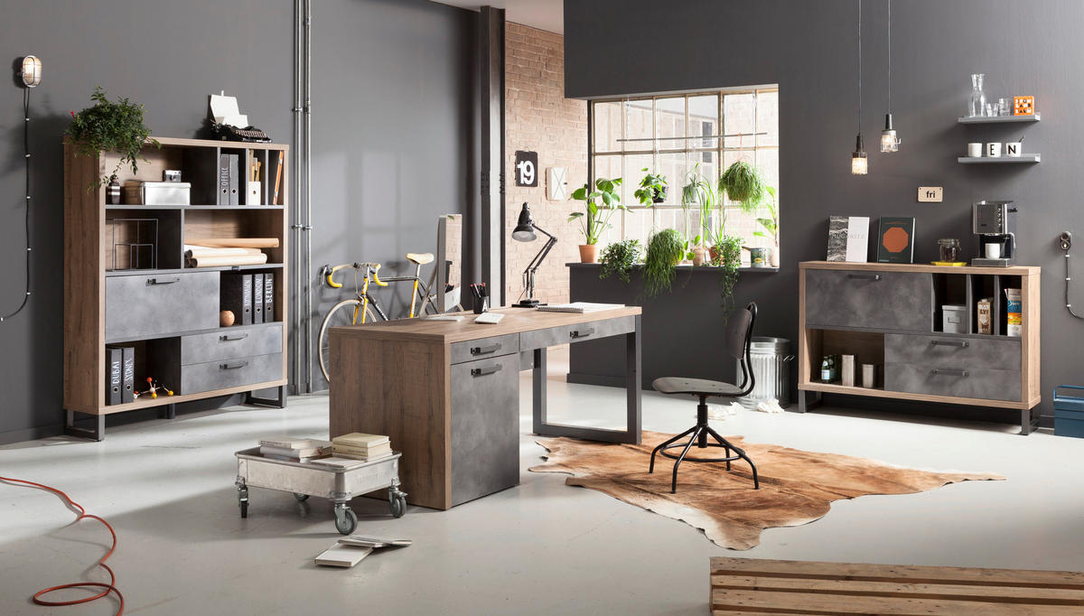 Birou in material pe bază de lemn  - culoare lemn stejar/gri, Trend, metal/material pe bază de lemn (170/69/76cm) - Stylife