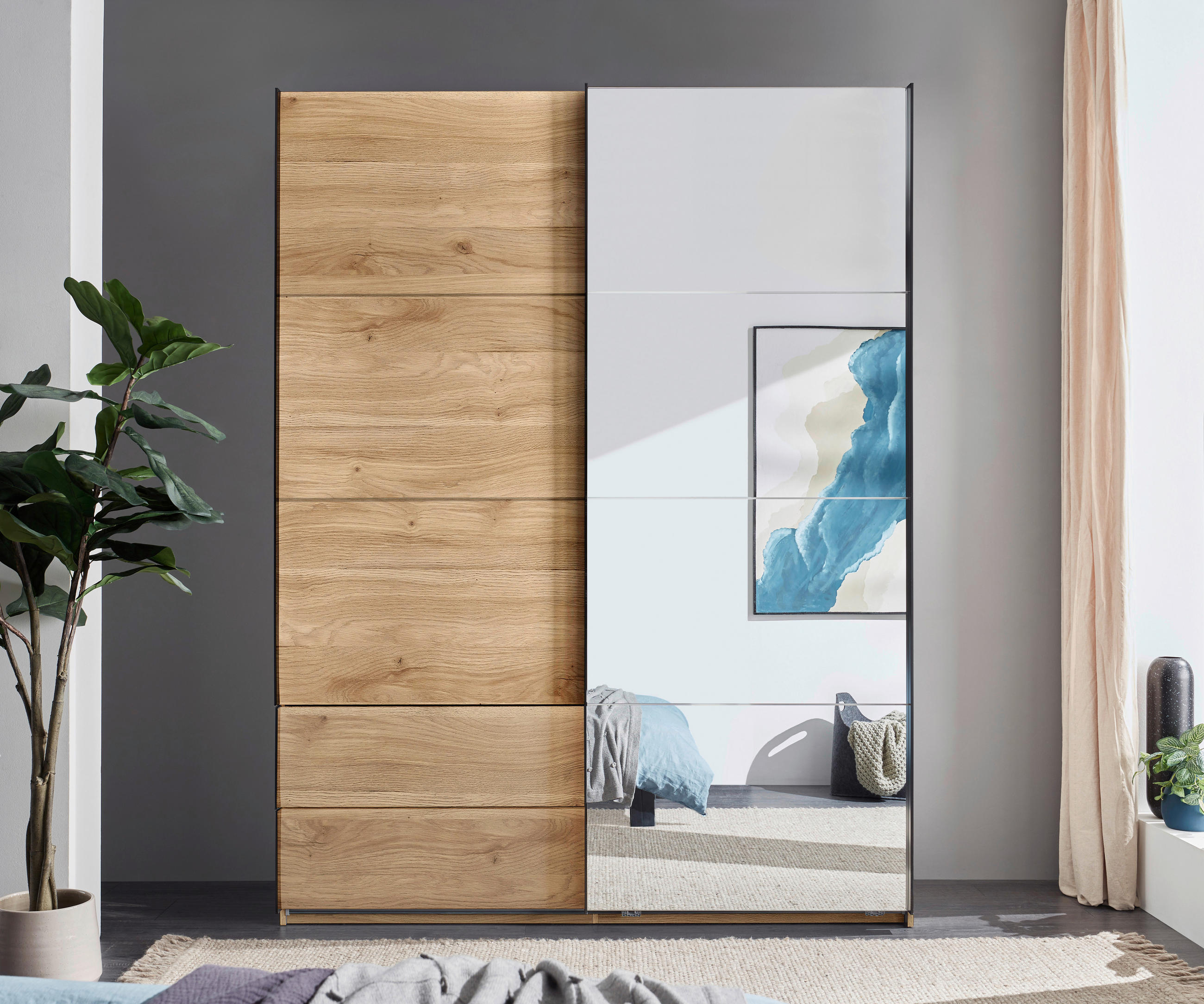 SCHWEBETÜRENSCHRANK 170/225,5/60 cm 2-türig Eichefarben  - Eichefarben/Schwarz, MODERN, Glas/Holzwerkstoff (170/225,5/60cm) - Xora