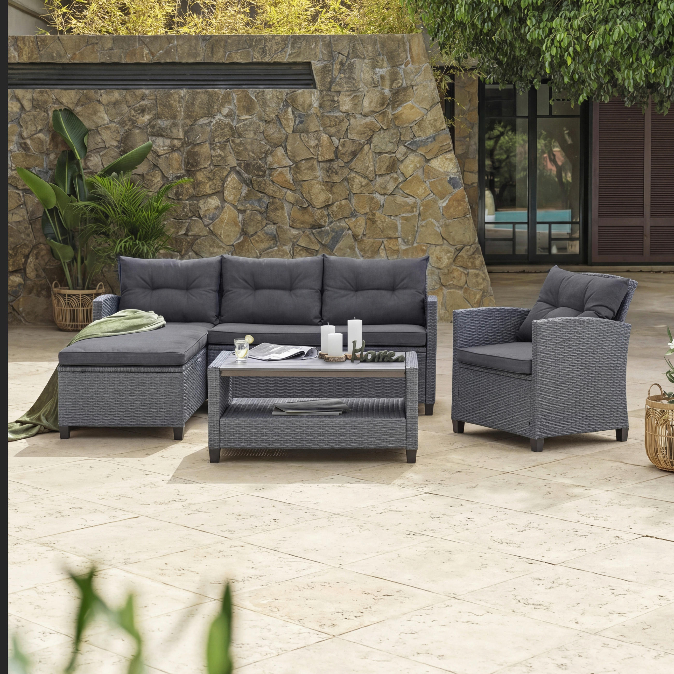 LOUNGEGARNITUR Stahl  - Grau, MODERN, Kunststoff/Textil - Ambia Garden