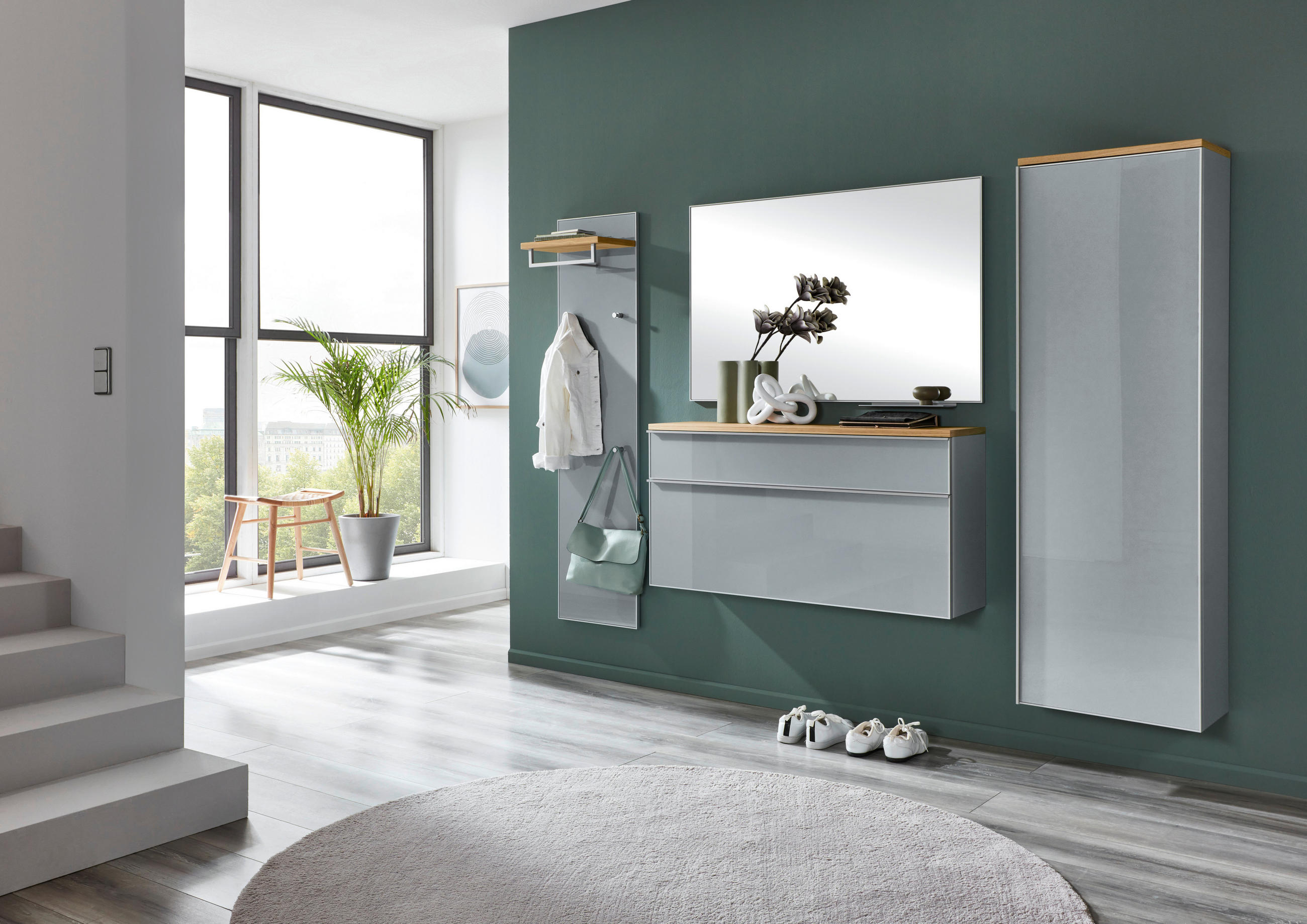 GARDEROBE 5-teilig in 255/195/31 cm - Grau, Design, Glas/Holz (255/195/31cm)