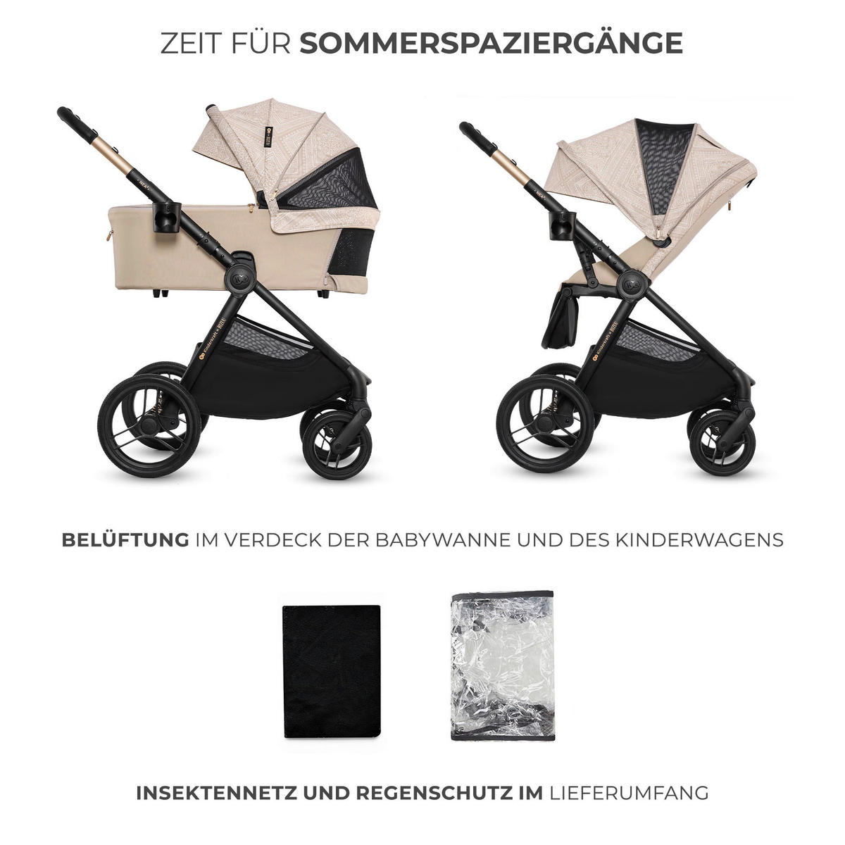 KINDERWAGENSET Nea 2 Bizuu  - Schwarz Hochglanz/Beigebraun, Basics, Kunststoff/Textil (81/60/112cm) - Kinderkraft