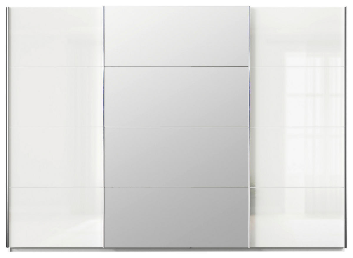 SCHWEBETÜRENSCHRANK in Weiss, Weiss Hochglanz  - Weiss Hochglanz/Chromfarben, Design, Glas/Holzwerkstoff (315/229/62cm) - Xora