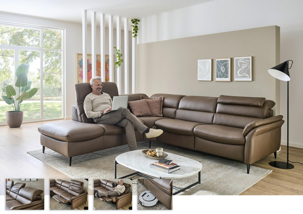 ECKSOFA Braun Echtleder  - Schwarz/Braun, Design, Leder/Metall (260/287cm) - Valdera