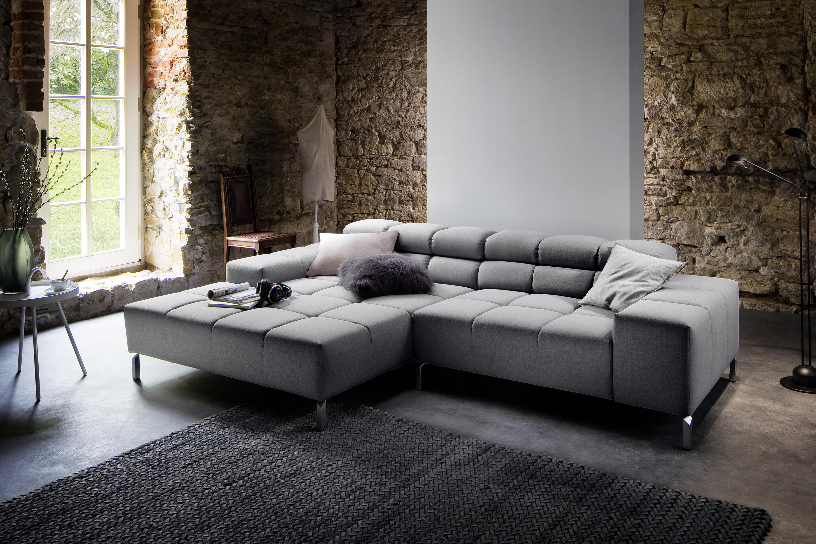 ECKSOFA Grau Flachgewebe - Grau, Design, Textil/Metall (178/280cm) - Hom`in