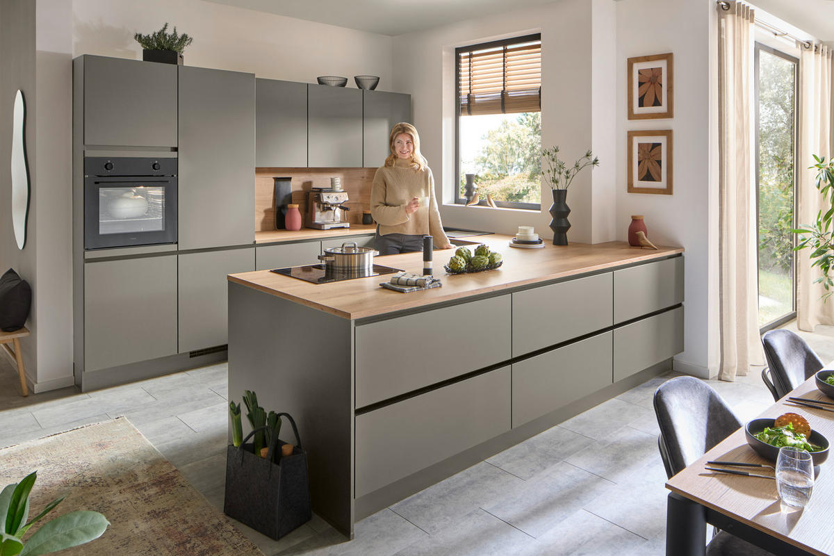 EINBAUKÜCHE   - Taupe/Eichefarben, Design, Holzwerkstoff - Celina