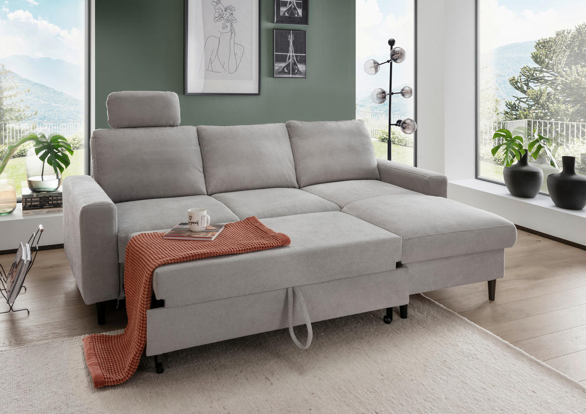 ECKSCHLAFSOFA Chenille Grau  - Schwarz/Grau, MODERN, Holz/Textil (234/147cm) - Livetastic