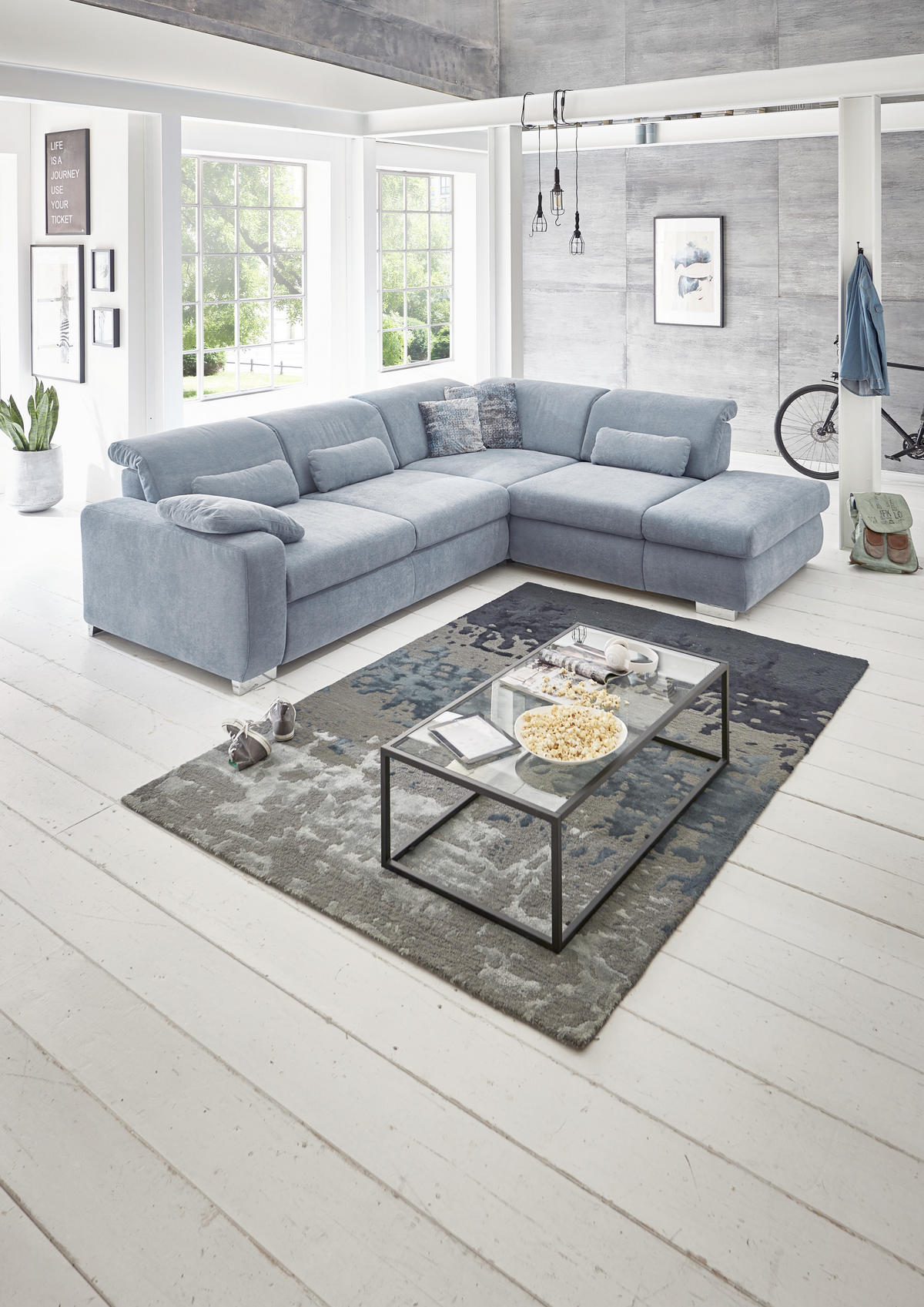 ECKSOFA in Flachgewebe Hellblau  - Chromfarben/Hellblau, Design, Textil/Metall (301/260cm) - Beldomo Style