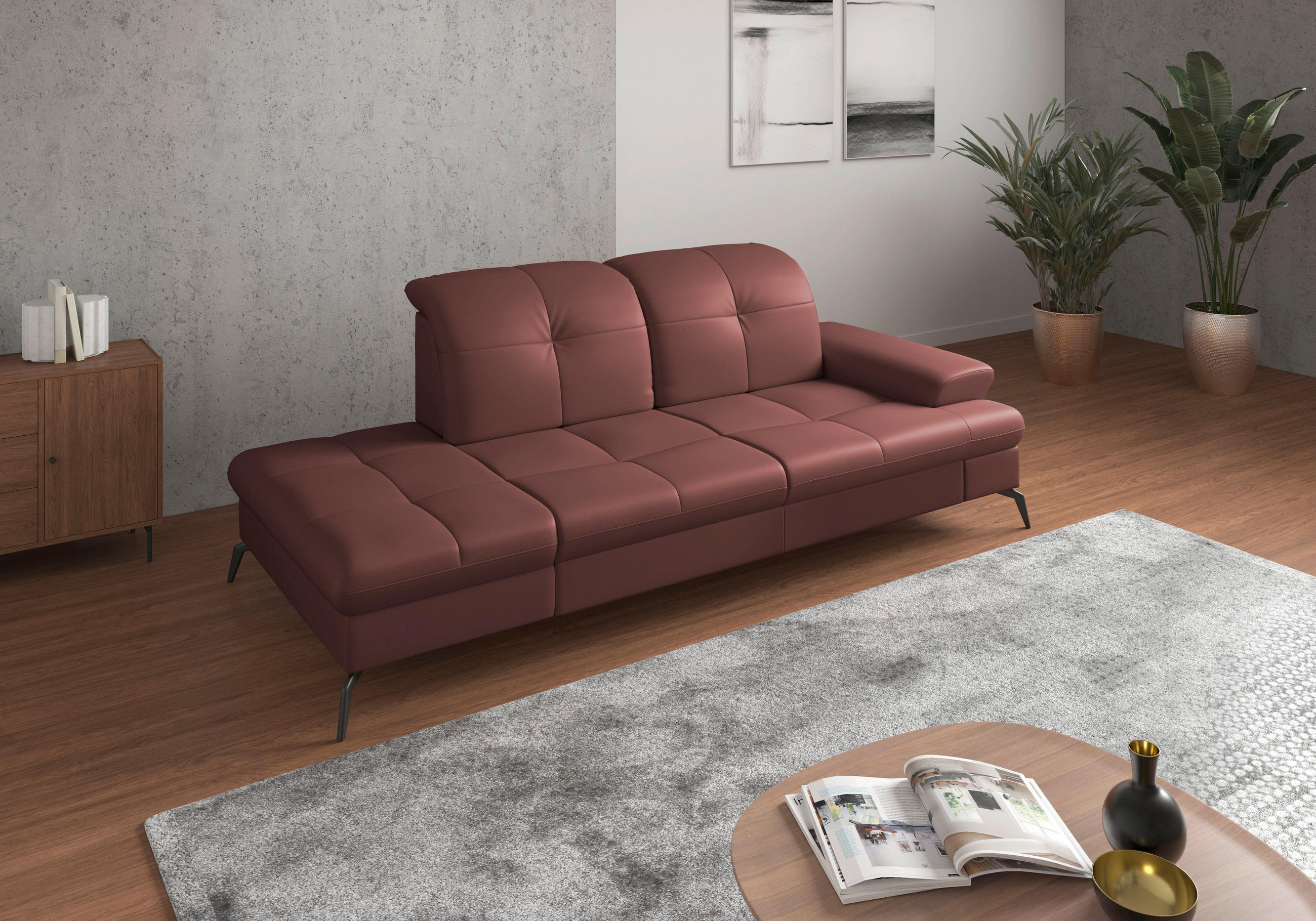 RÉCAMIERE Rotbraun Echtleder  - Rotbraun/Schwarz, KONVENTIONELL, Leder/Metall (231/90/122cm) - Sit & More