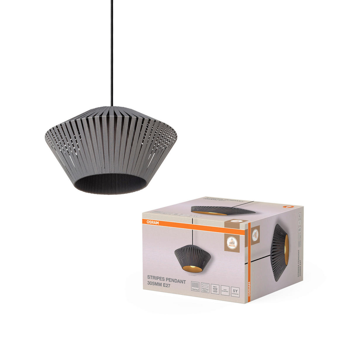 HÄNGELEUCHTE 30,5/120 cm  - Dunkelgrau, Basics, Textil/Metall (30,5/120cm) - Osram