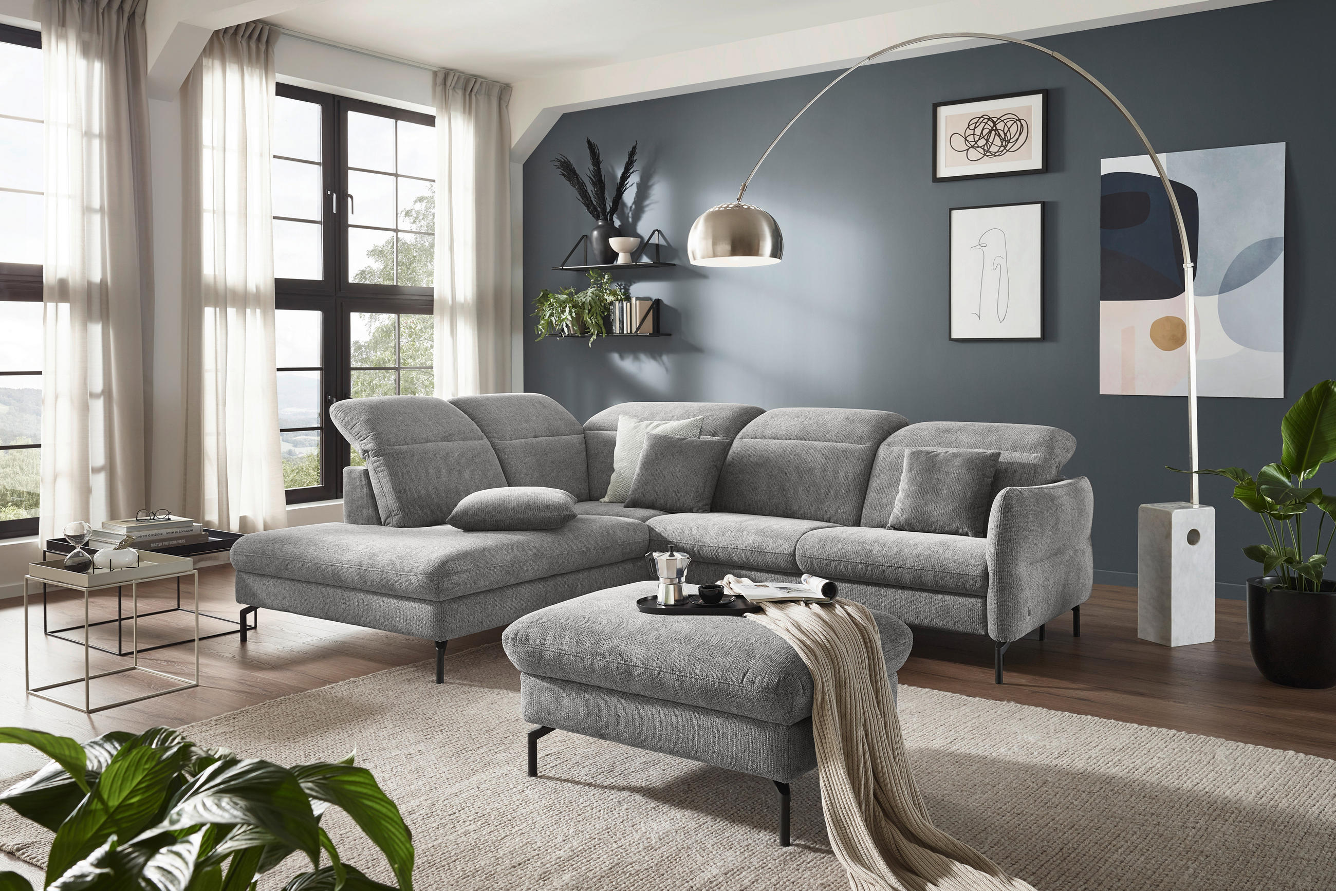 Thumbnail - Dieter Knoll Ecksofa Atlanta 2.0, Grau, Textil, 3-Sitzer, Ottomane links, L-Form, 299x233 cm, Fußauswahl, Lederauswahl, ...