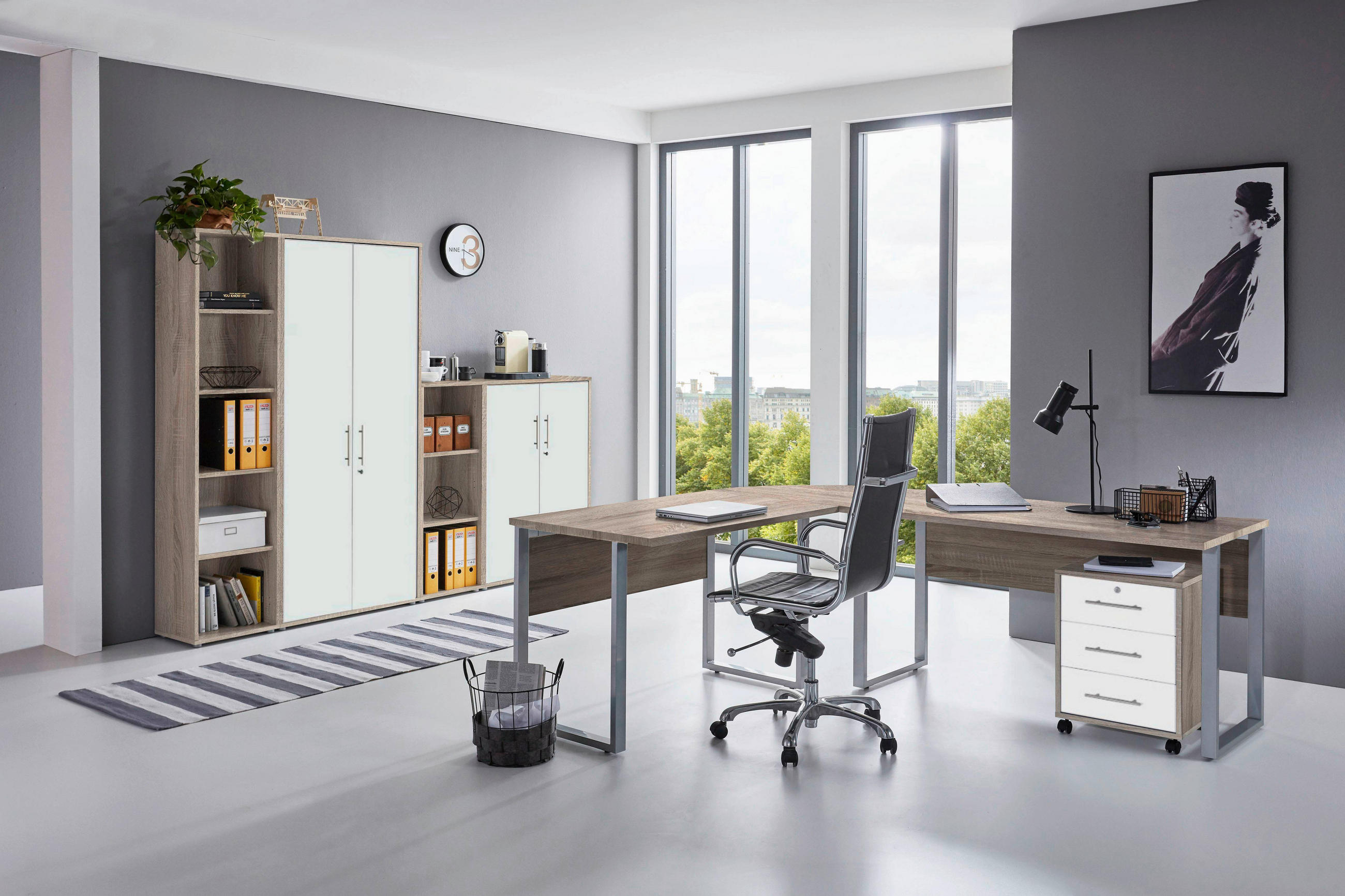 BÜRO Schreibtisch seitenverkehrt montierbar, abschließbar, erweiterbar, in verschiedenen Holz-Dekoren erhältlich Weiß, Sonoma Eiche - Weiß/Sonoma Eiche, MODERN, Holzwerkstoff - MID.YOU