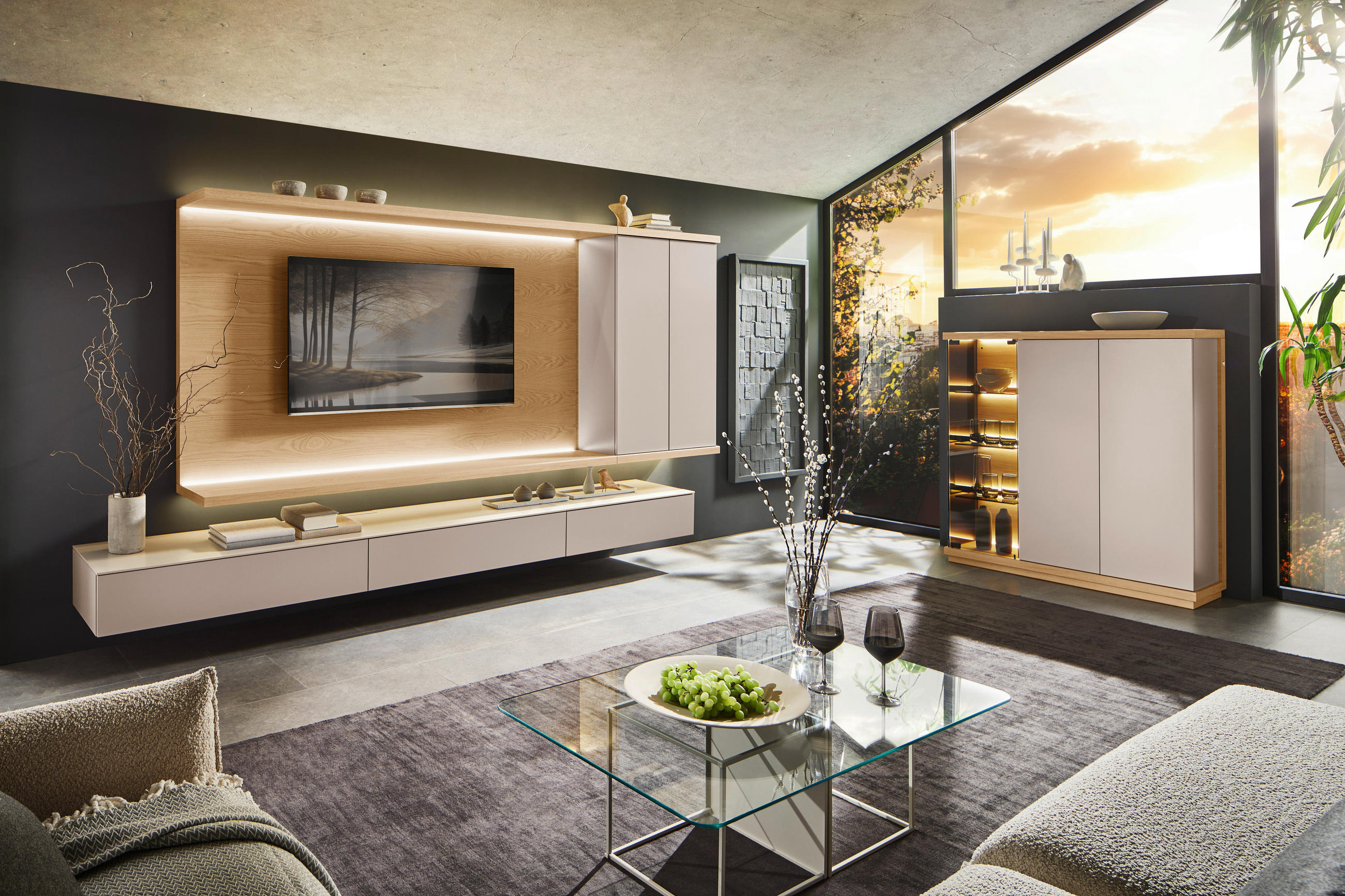 WOHNWAND  in Beige, Eiche Bianco 349,2/182/46 cm  - Eiche Bianco/Beige, Design, Holz/Holzwerkstoff (349,2/182/46cm) - Emilio Belluti