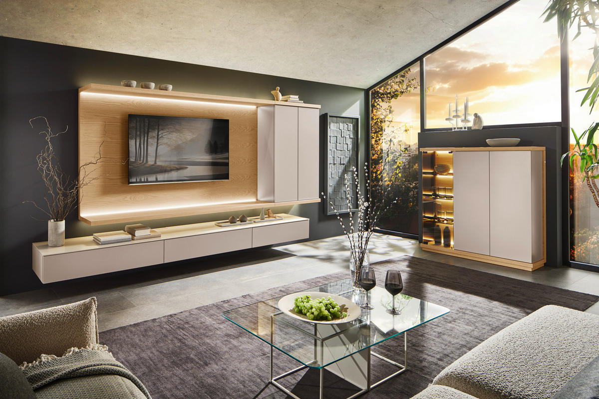 WOHNWAND  in Beige, Eiche Bianco 349,2/182/46 cm  - Eiche Bianco/Beige, Design, Holz/Holzwerkstoff (349,2/182/46cm) - Emilio Belluti