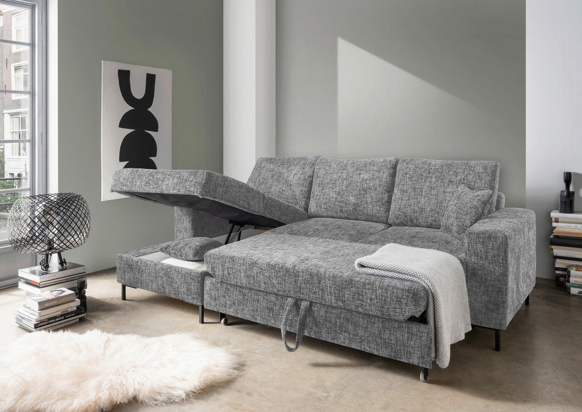ECKSCHLAFSOFA  mit Rücken echt Struktur Silberfarben  - Silberfarben/Schwarz, KONVENTIONELL, Textil/Metall (143/237cm) - Livetastic