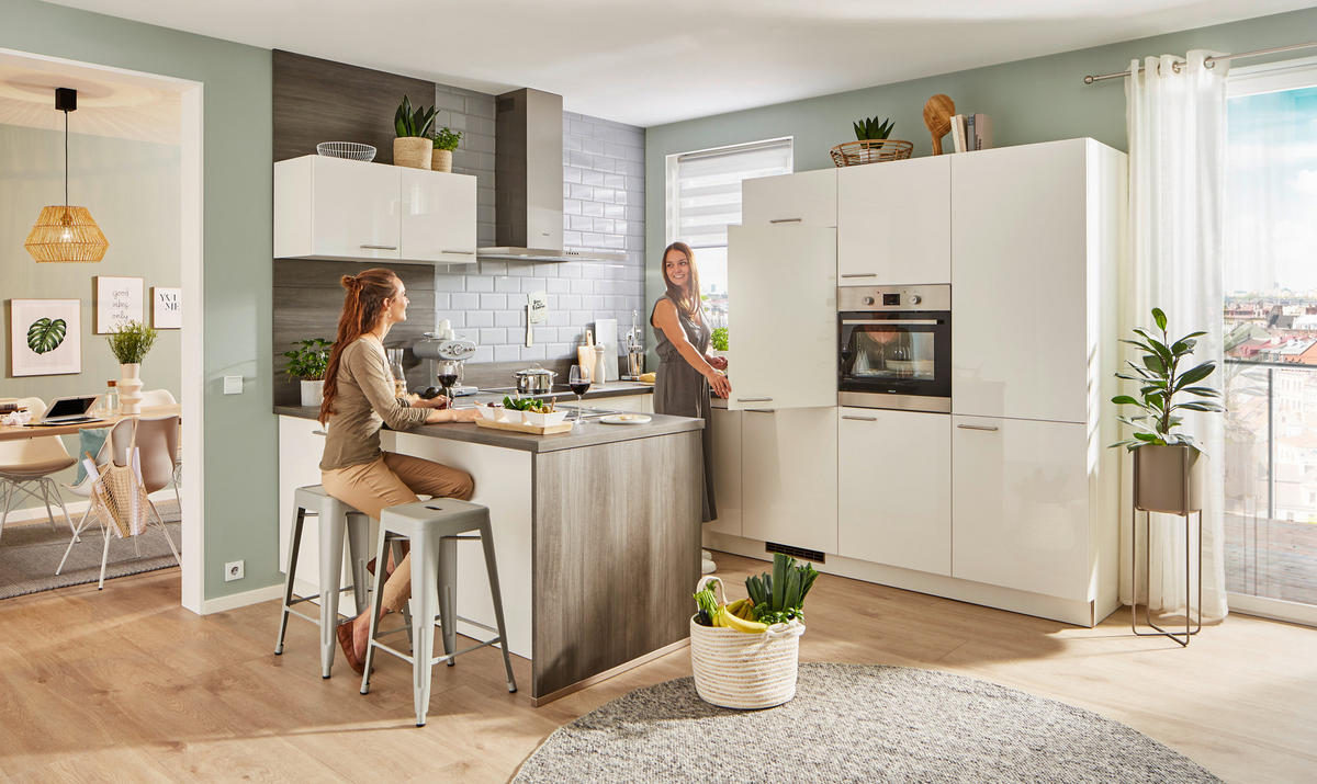 KÜCHENLEERBLOCK   in Eichefarben, Weiß Hochglanz  - Edelstahlfarben/Eichefarben, MODERN, Holzwerkstoff/Metall (305/255/185cm) - Welnova