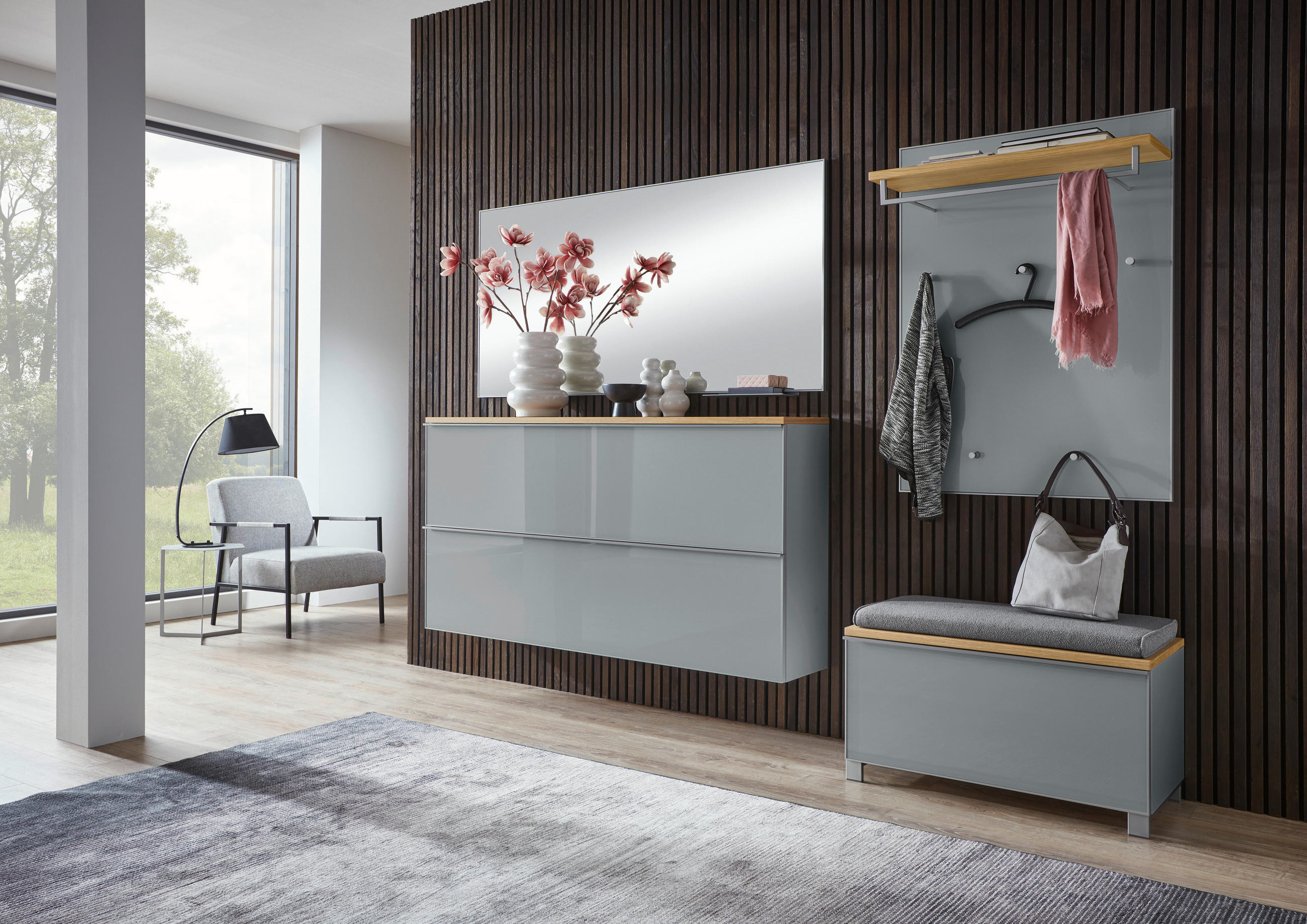 GARDEROBE 6-teilig in 265/195/40 cm - Alufarben/Grau, Design, Glas/Holz (265/195/40cm)