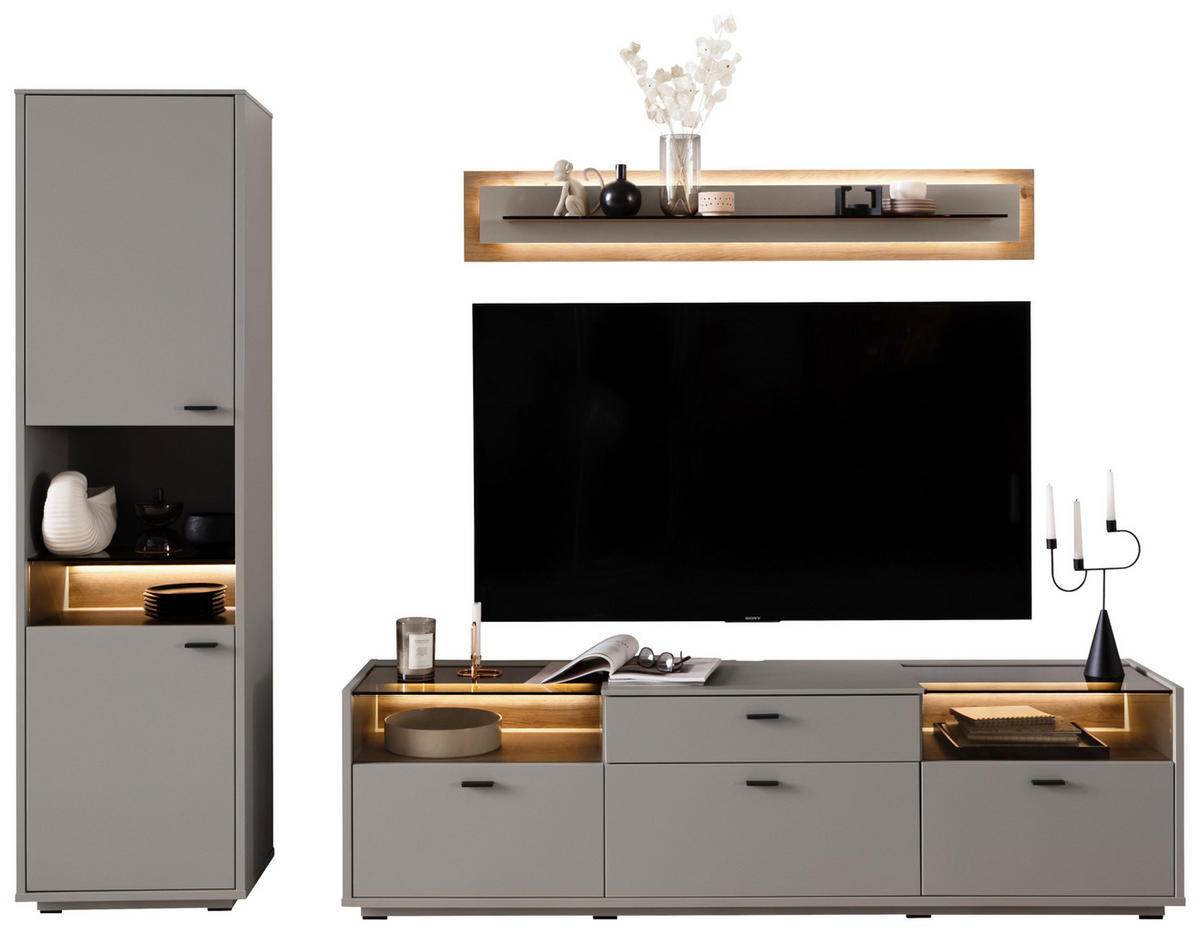 REGAL ZA DNEVNI BORAVAK siva, boje hrasta   - siva/boje hrasta, Moderno, staklo/drvni materijal (271/200/44cm) - Stylife