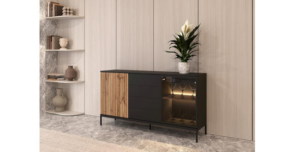 SIDEBOARD  153,6/83/38 cm 4 Schublade(n)  - Eiche Wotan/Schwarz, KONVENTIONELL, Glas/Holzwerkstoff (153,6/83/38cm) - Xora