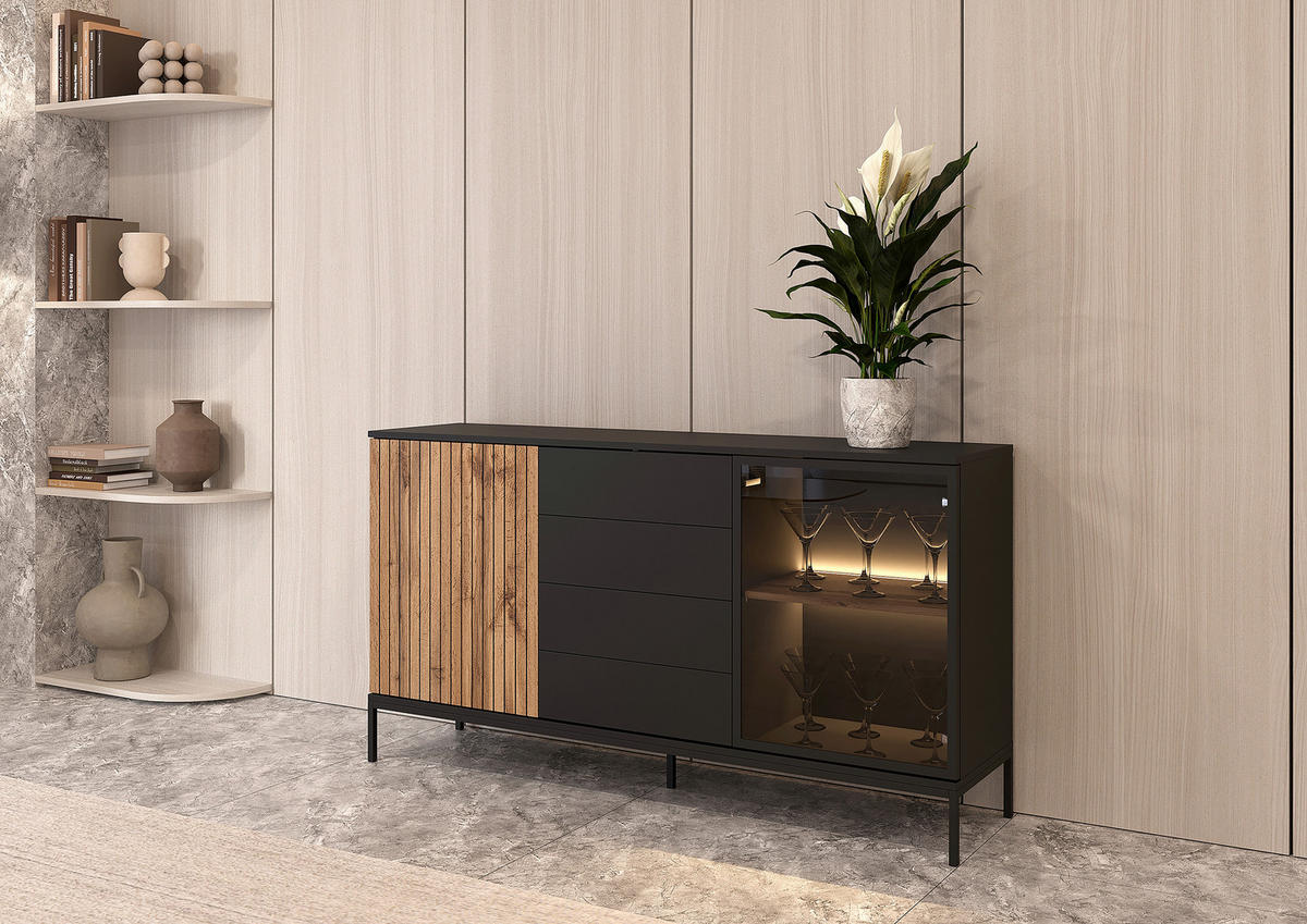 SIDEBOARD  153,6/83/38 cm 4 Schublade(n)  - Eiche Wotan/Schwarz, Konventionell, Glas/Holzwerkstoff (153,6/83/38cm) - Xora