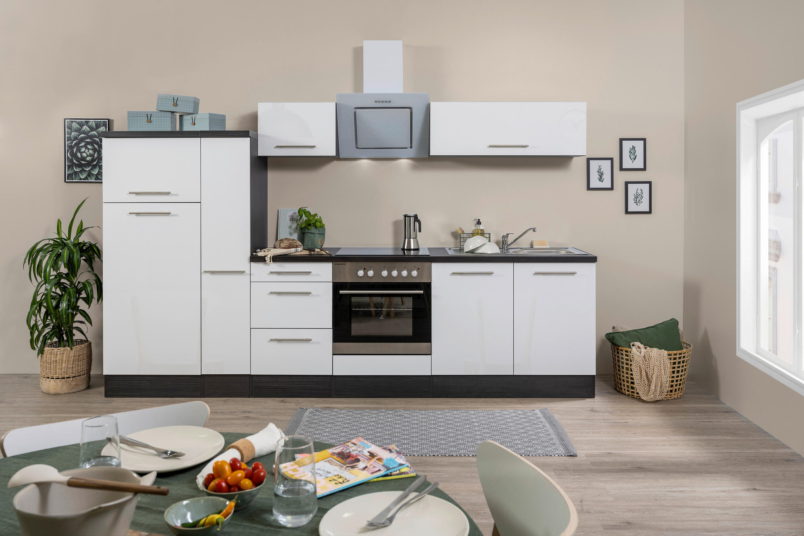 Respekta Küchenblock Premium 2.0 Weiß, Eiche 300 cm