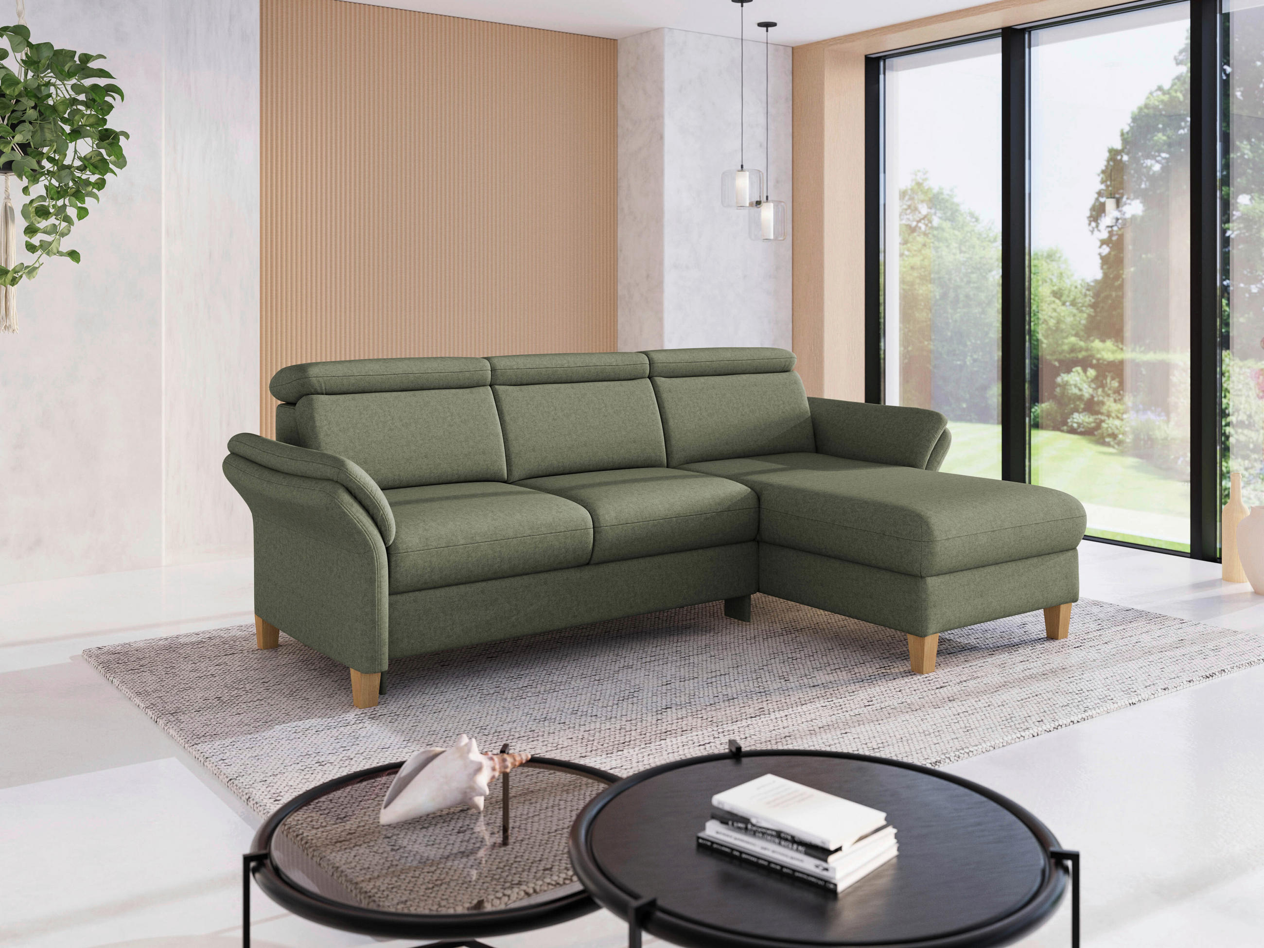ECKSOFA GLENDALE E Olivgrün Flachgewebe  - Eichefarben/Olivgrün, KONVENTIONELL, Holz/Textil (253/166cm) - Sit & More