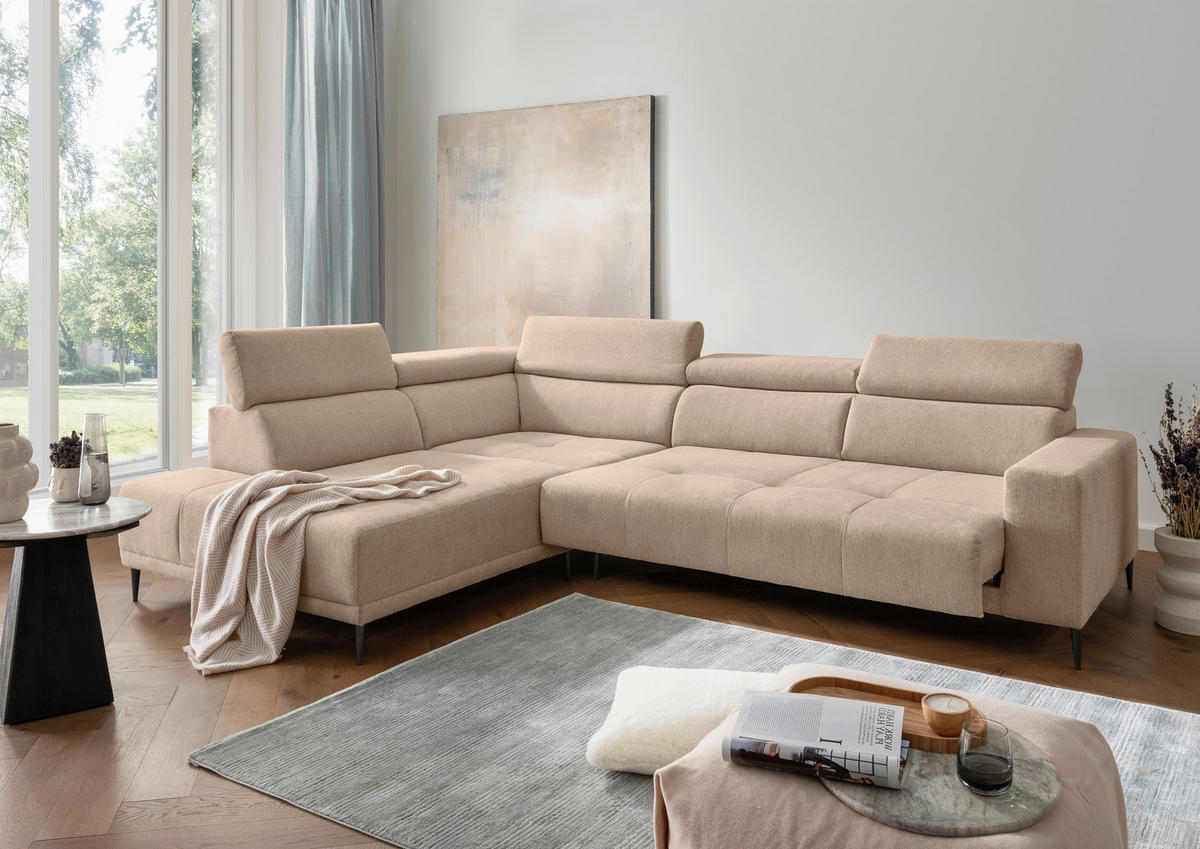 ECKSOFA INTERA Hellbraun Struktur Kopfteilverstellung, Sitzvorzug  - Hellbraun/Schwarz, KONVENTIONELL, Textil/Metall (225/305cm) - Livetastic
