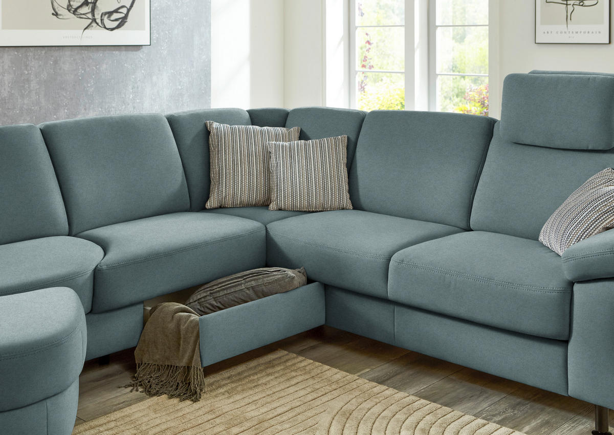 ECKSOFA Flachgewebe Blaugrau  - Blaugrau/Schwarz, Konventionell, Textil/Metall (252/248cm) - Beldomo Comfort