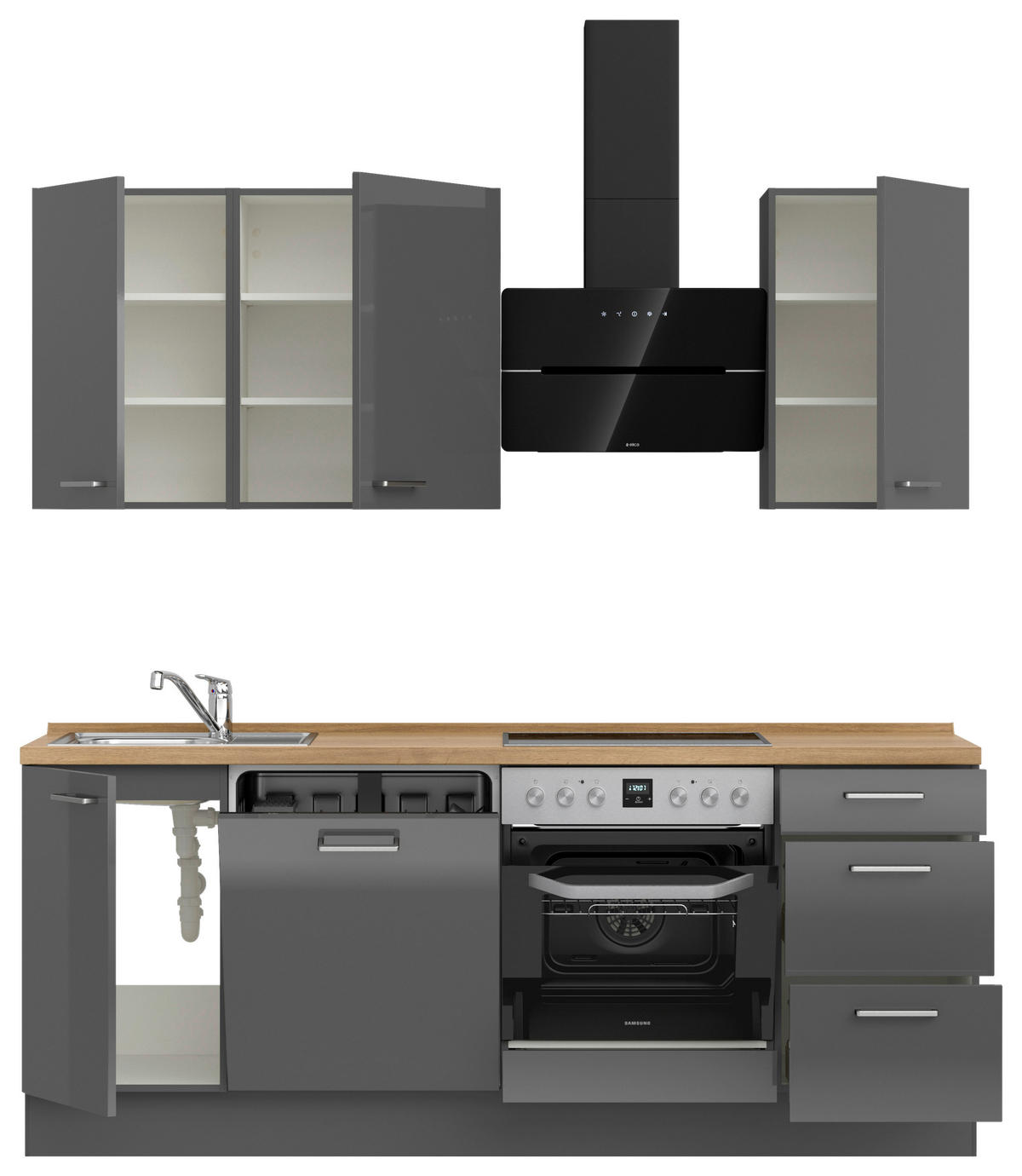 KÜCHENBLOCK 210 cm   in Eichefarben, Schieferfarben  - Schieferfarben/Edelstahlfarben, MODERN, Holzwerkstoff/Metall (210cm) - Nobilia