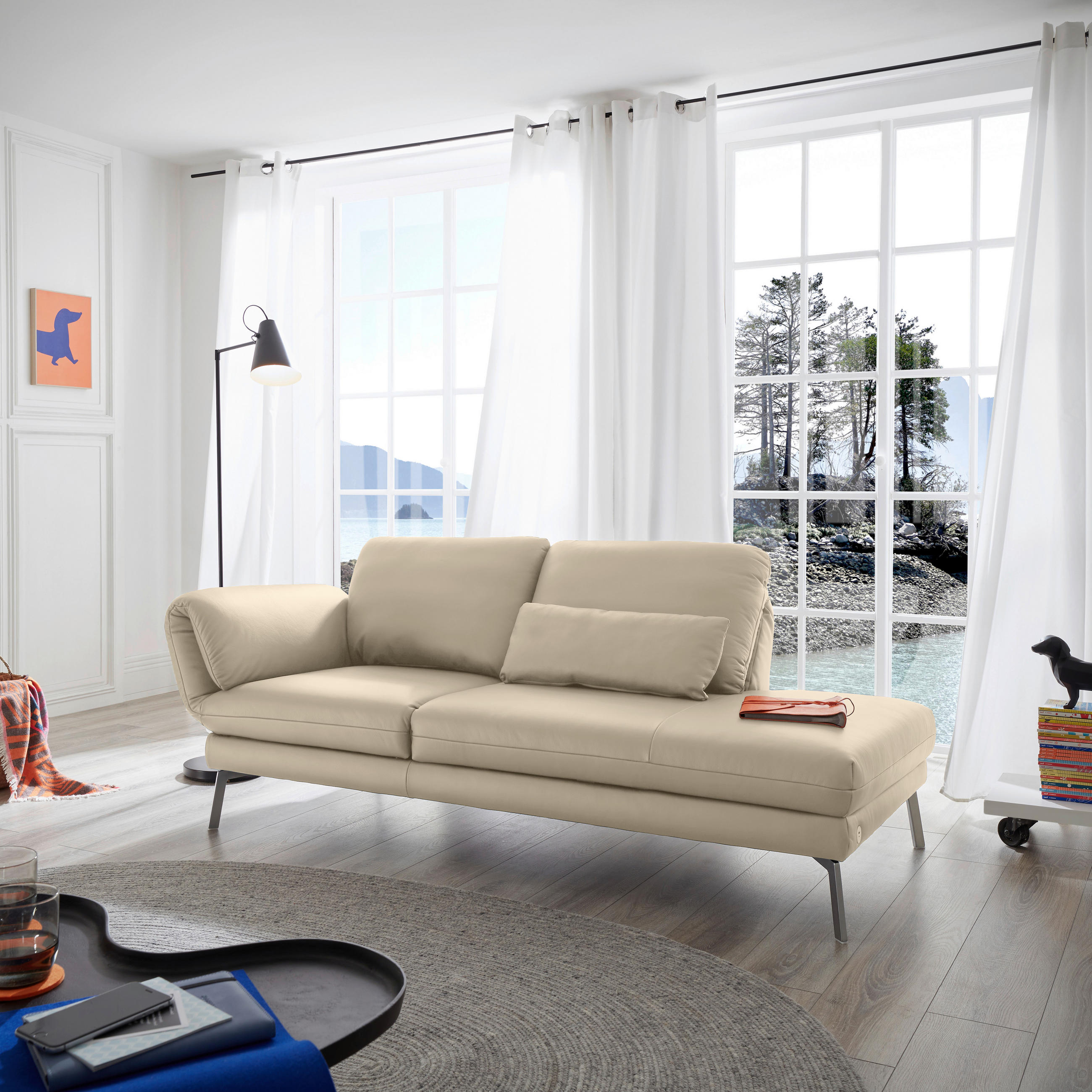 RÉCAMIERE in Echtleder Creme  - Chromfarben/Creme, Design, Leder/Metall (209/85-109/95-16cm) - Dieter Knoll