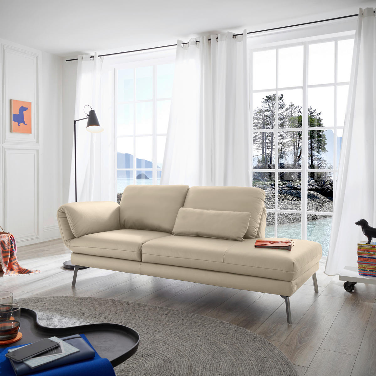 RÉCAMIERE in Echtleder Creme  - Chromfarben/Creme, Design, Leder/Metall (209/85-109/95-16cm) - Dieter Knoll