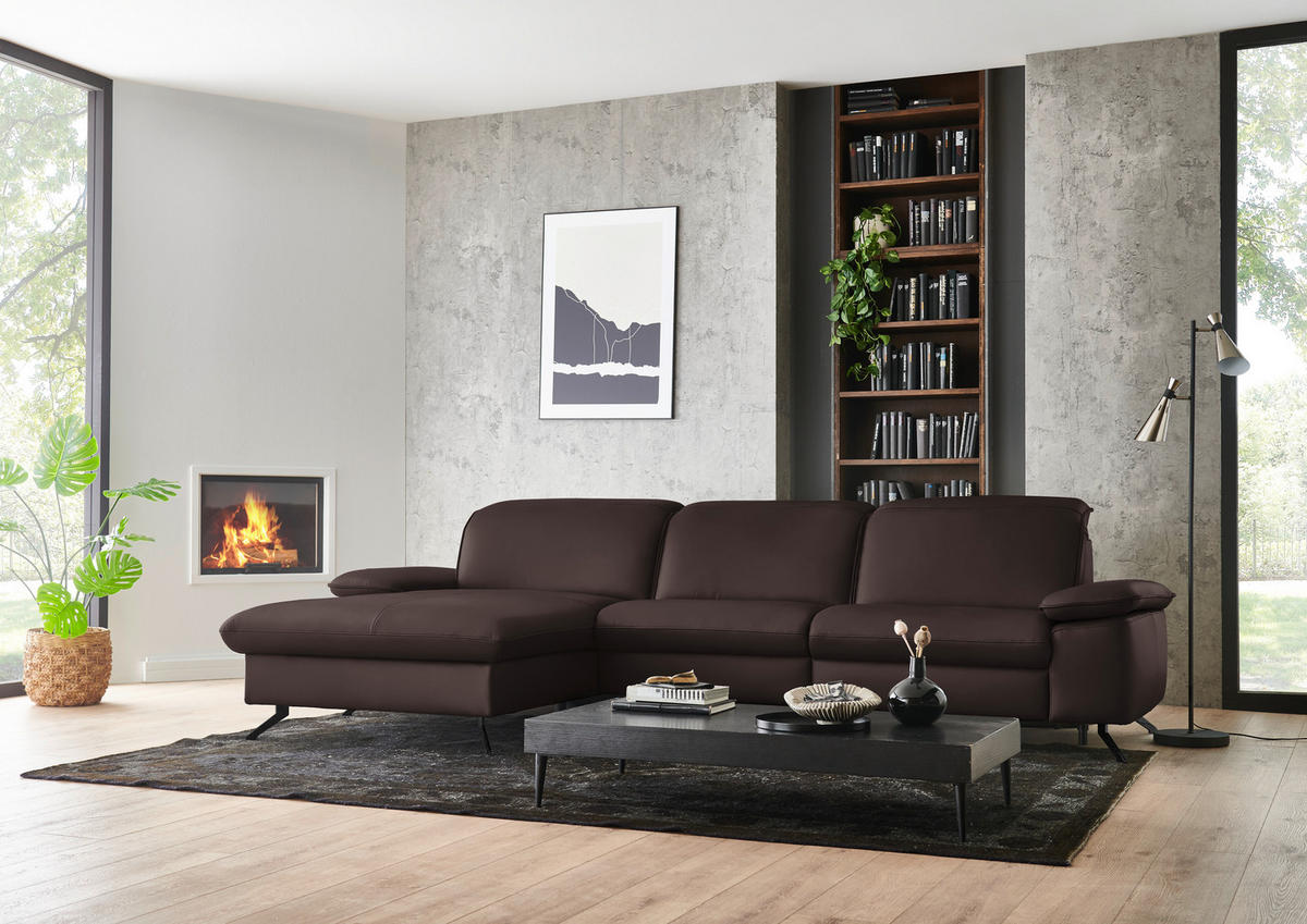 ECKSOFA  Echtleder Braun  - Schwarz/Braun, Design, Leder/Metall (169/307cm) - Beldomo Premium