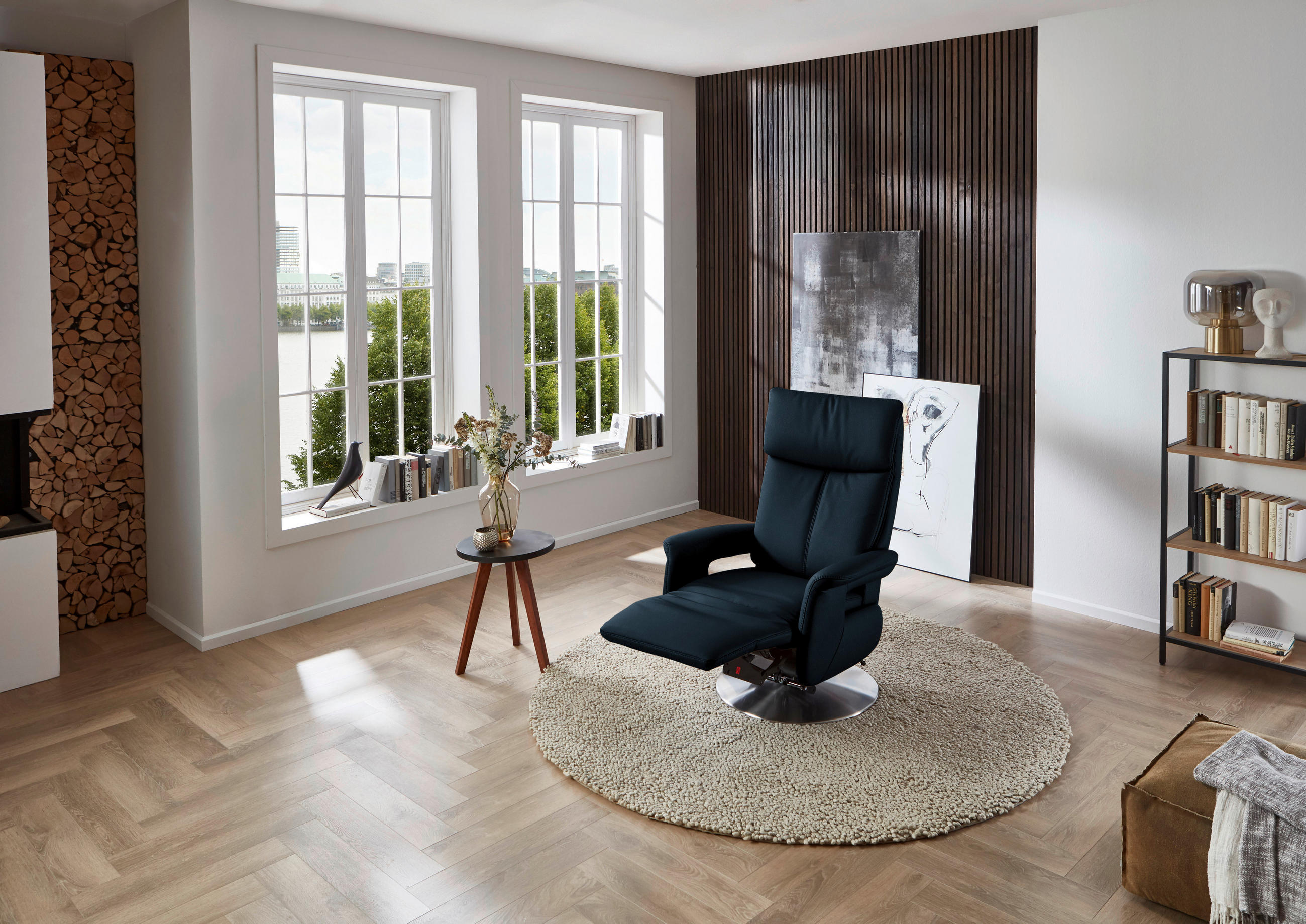 RELAXSESSEL in Leder Dunkelblau  - Edelstahlfarben/Dunkelblau, Design, Leder/Metall (78/112/85cm) - Cantus