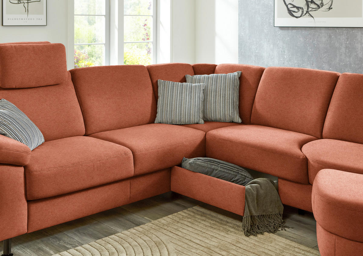 ECKSOFA Flachgewebe Rostfarben  - Rostfarben/Schwarz, Konventionell, Textil/Metall (248/252cm) - Beldomo Comfort