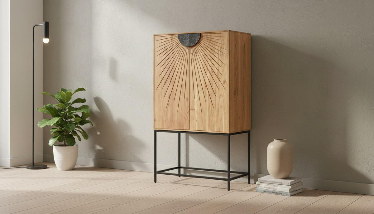 BARSCHRANK Akazie vollmassiv Schwarz, Akaziefarben  - Schwarz/Akaziefarben, Trend, Holz/Metall (90/160/42cm) - Landscape
