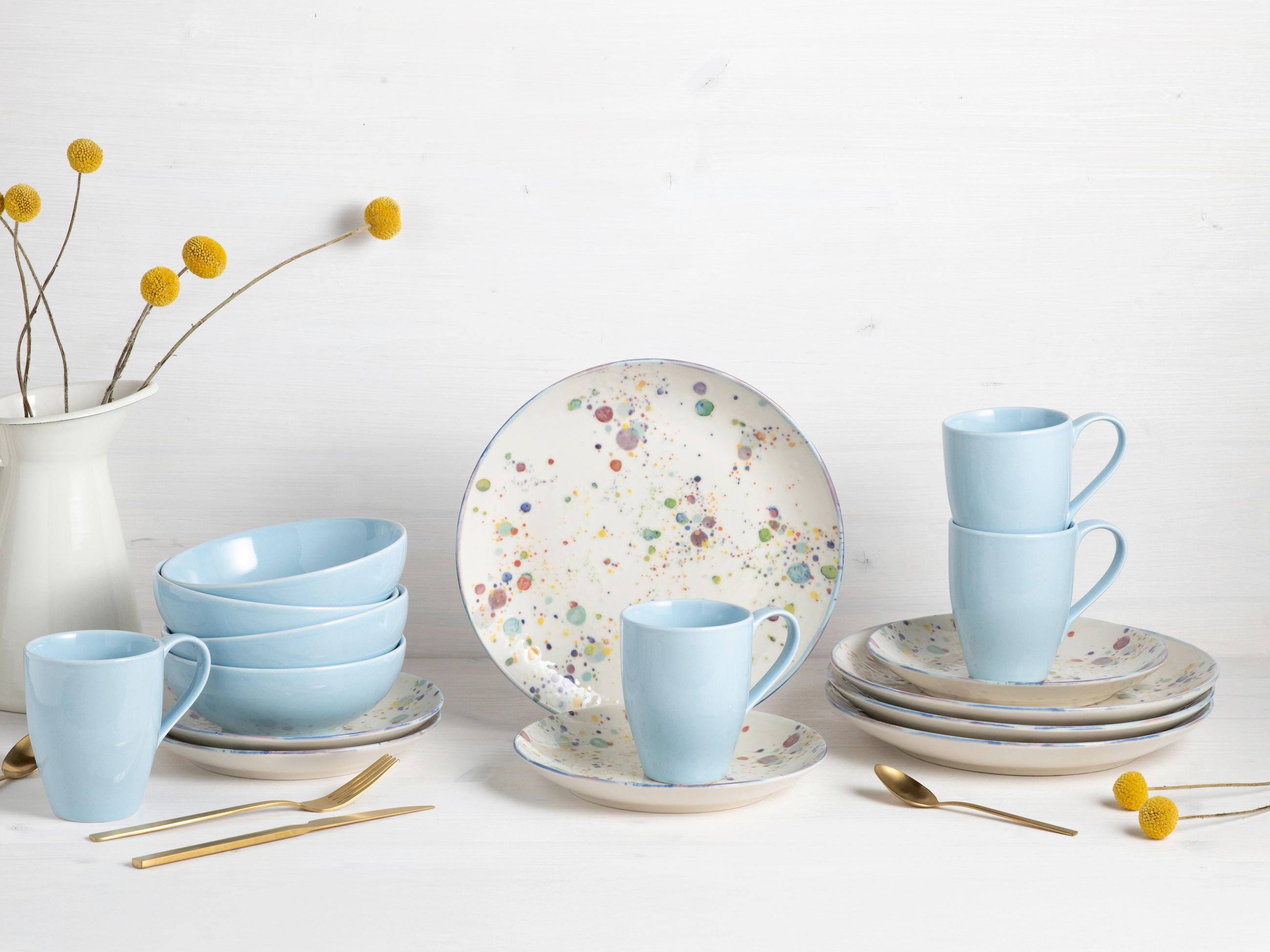 KOMBISERVICE Weiß, Hellblau 16-teilig Candy Drops  - Weiß/Hellblau, Basics, Keramik - Creatable