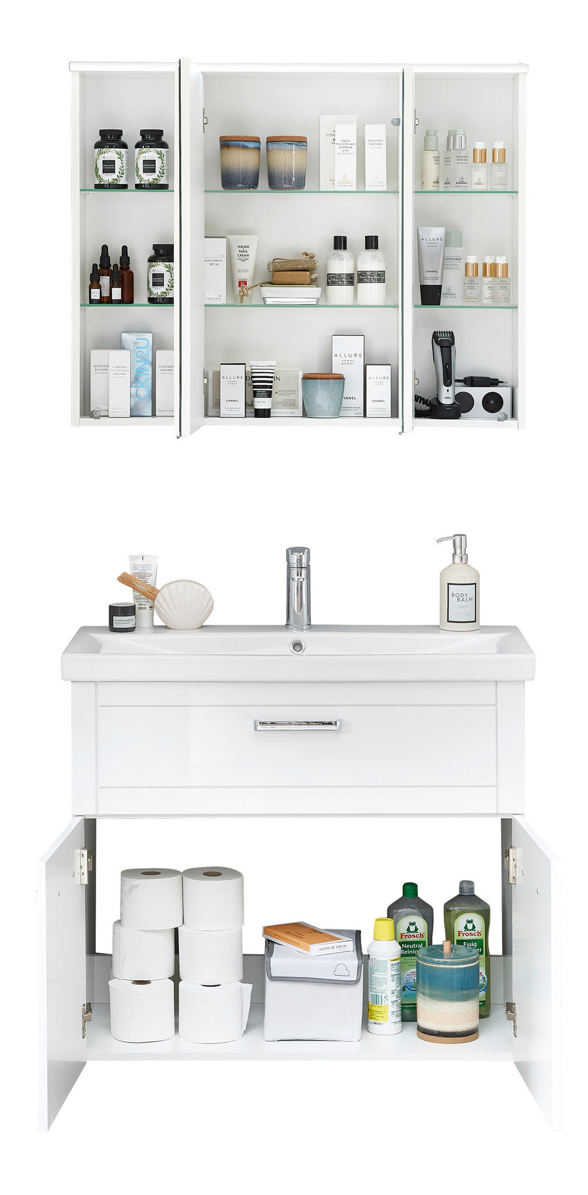 BADEZIMMER 3-teilig  in 90 cm  - Chromfarben/Weiß Hochglanz, MODERN, Glas/Keramik (90cm) - Sadena