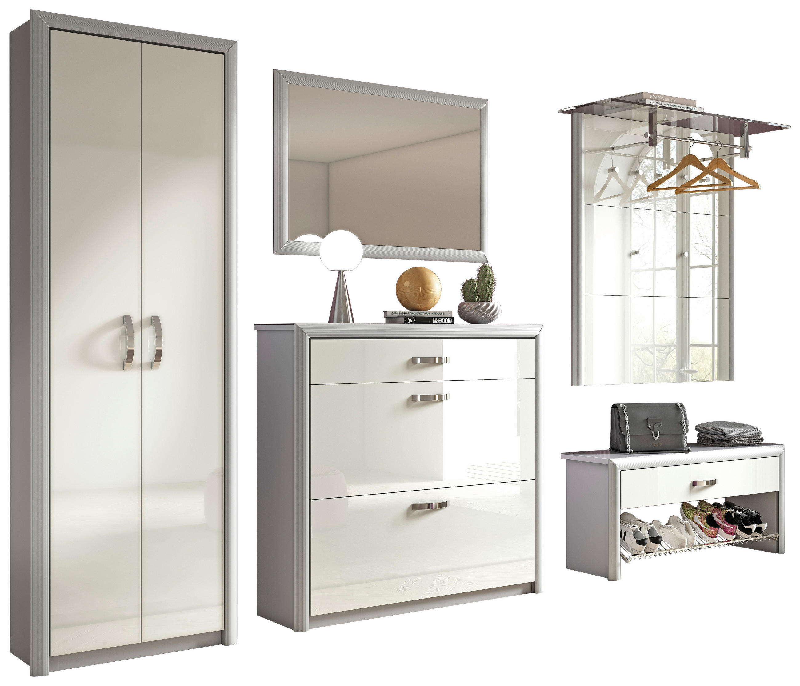 GARDEROBE 5-teilig in 320/195/36 cm - Alufarben/Weiß, Design, Glas/Holzwerkstoff (320/195/36cm) - Dieter Knoll
