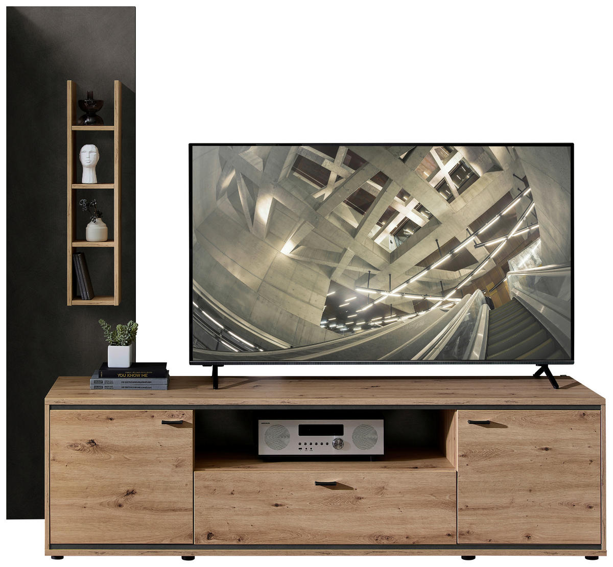 LOWBOARD Anthrazit, Eiche Artisan  220/203/49 cm  - Anthrazit/Schwarz, Design, Holzwerkstoff/Kunststoff (220/203/49cm) - Stylife