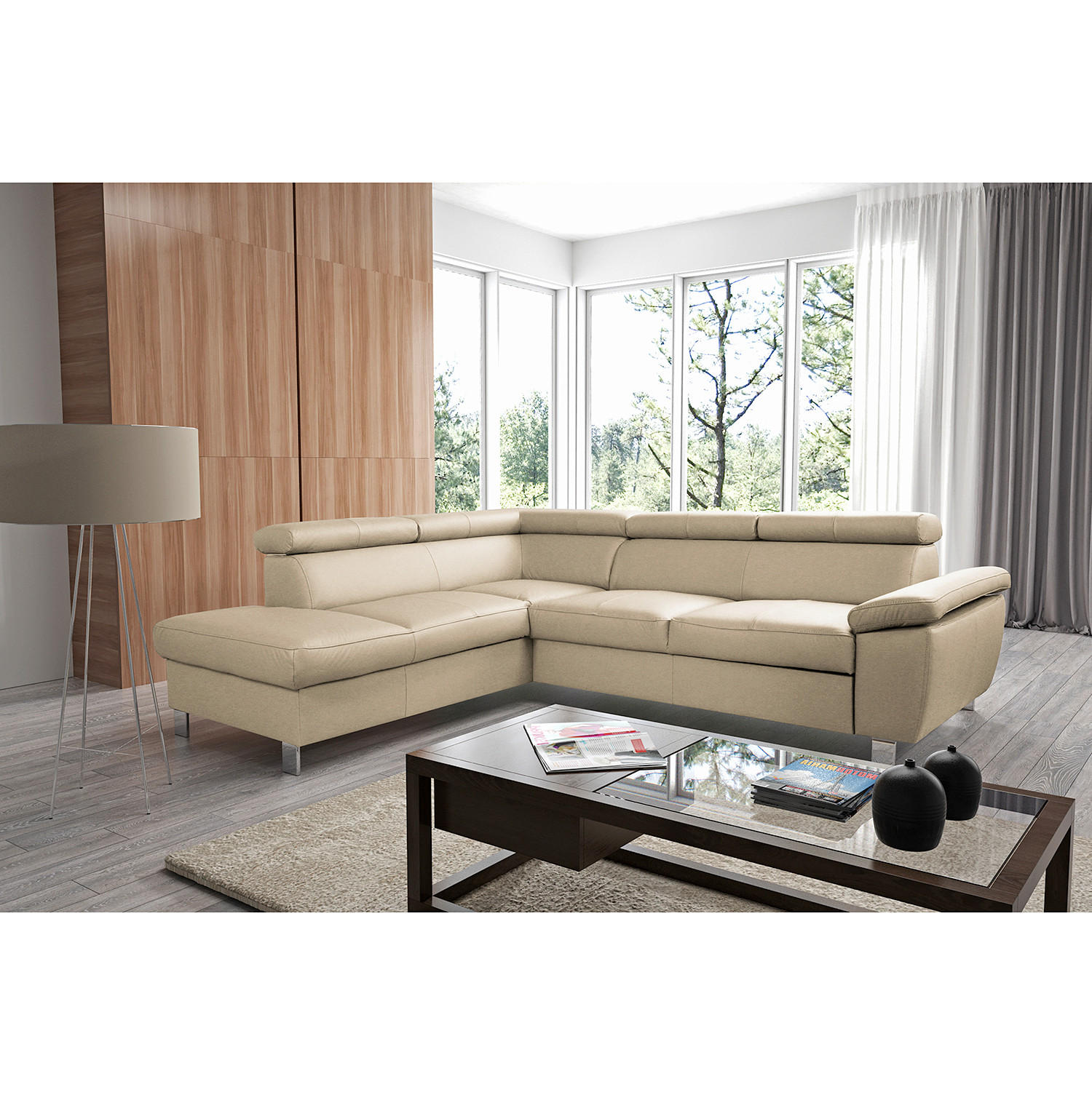 ECKSOFA Beige Echtleder  - Chromfarben/Beige, Design, Leder/Textil (208/248cm) - Livetastic