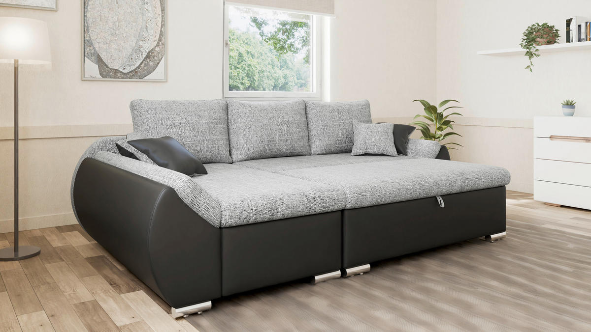 ECKSOFA, inkl. Hocker AURO in Grau, Schwarz Rücken echt, Hocker, Stauraum  275/155 cm  - Silberfarben/Schwarz, Design, Kunststoff/Textil (275/155cm) - MID.YOU