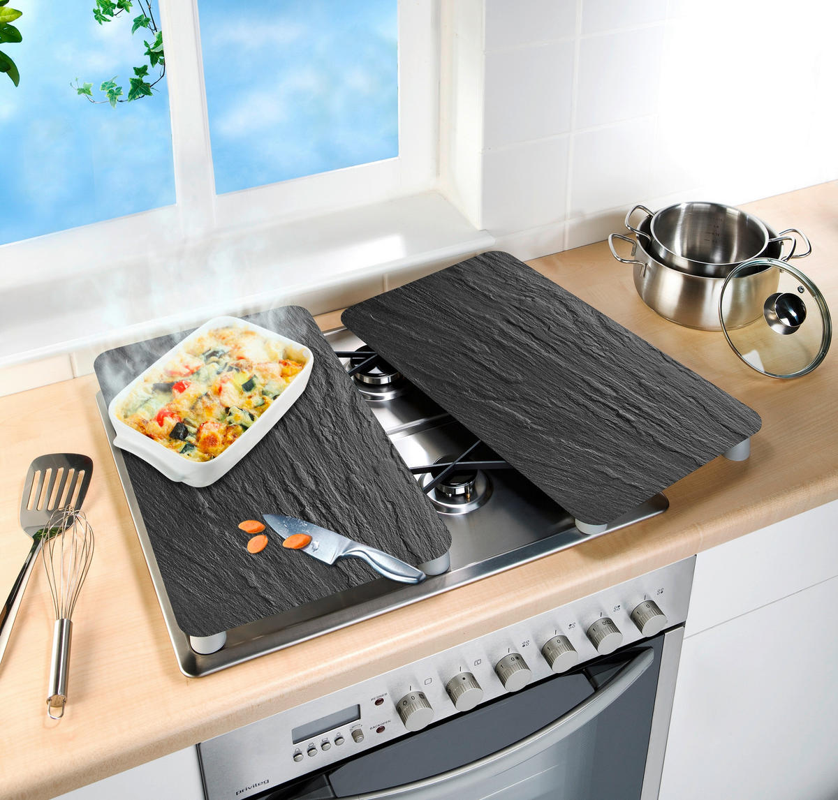 HERDABDECKPLATTE  - Schieferfarben, Design, Glas/Kunststoff (30/1,8-4,5/52cm) - Wenko