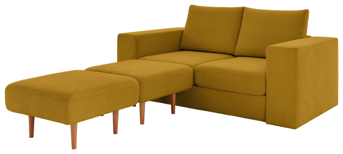 DREISITZER-SOFA inkl. Hocker Webstoff Gelb  - Eichefarben/Gelb, Design, Holz/Textil (212/96/107cm) - LOOKS by W.Joop