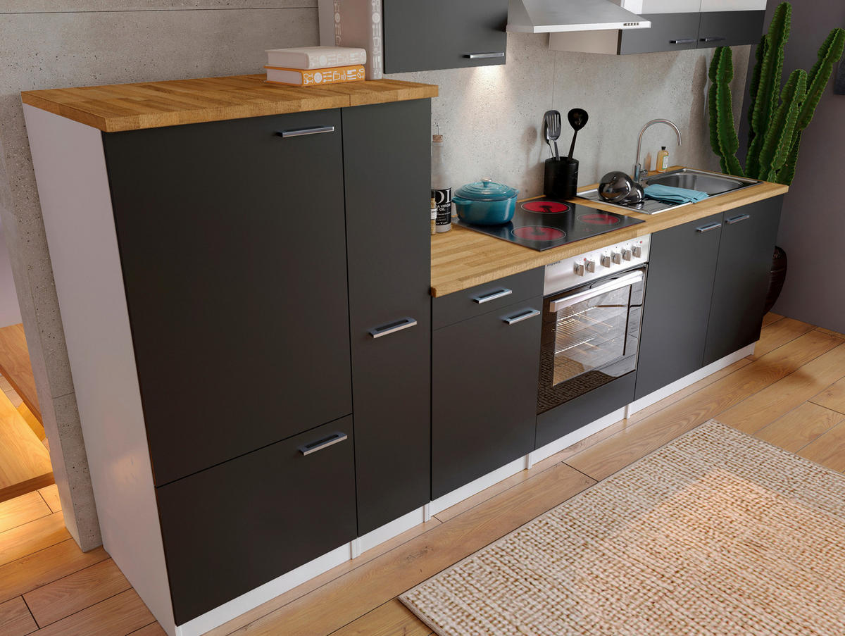 KÜCHENBLOCK 300 cm   in Schwarz  - Weiss/Edelstahlfarben, Basics, Holzwerkstoff/Metall (300cm) - Respekta