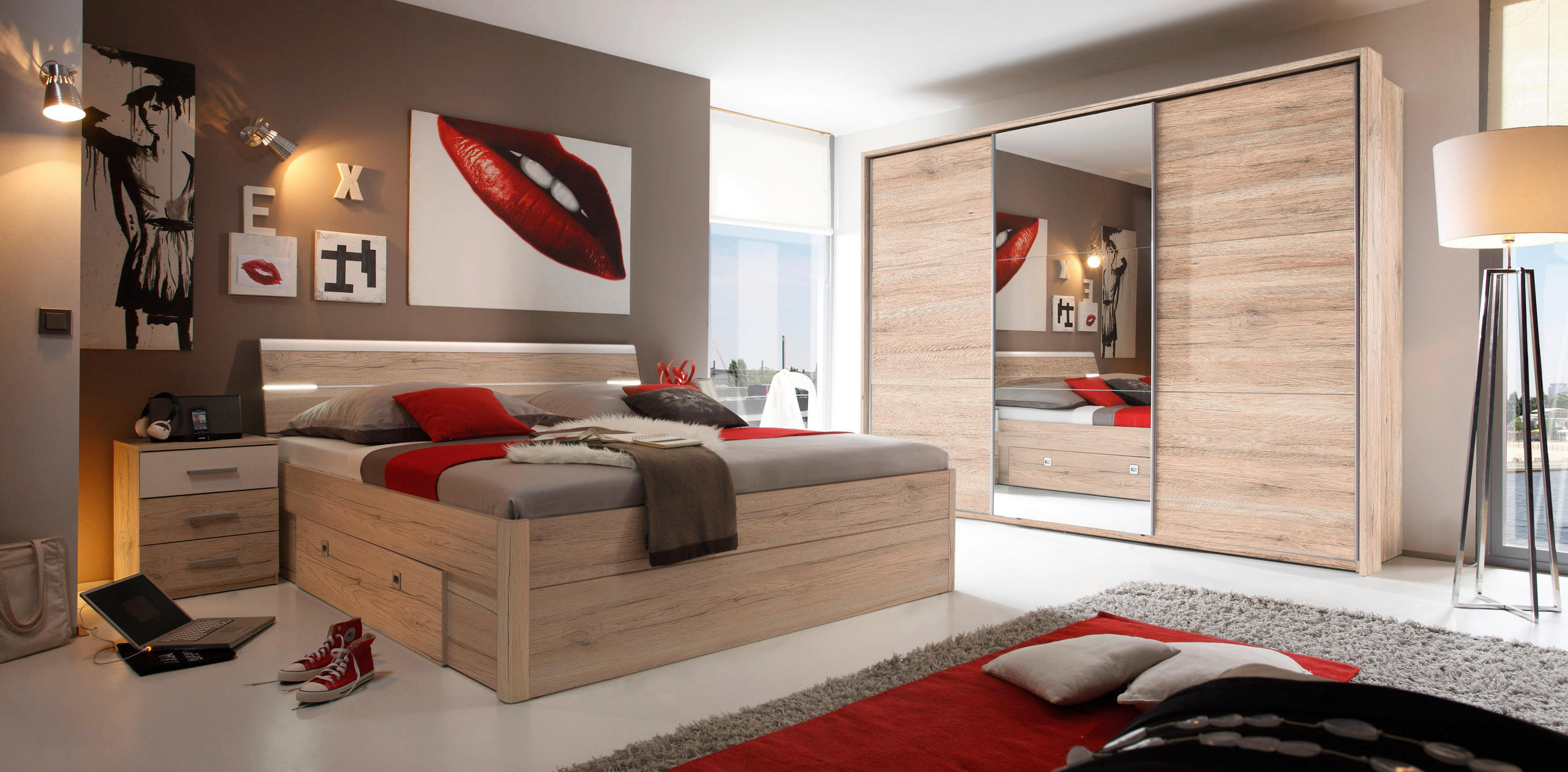 OMARA Z DRSNIMI VRATI, barve hrasta  - barve hrasta/barve aluminija, Moderno, umetna masa/leseni material (280/215/62cm) - Venda