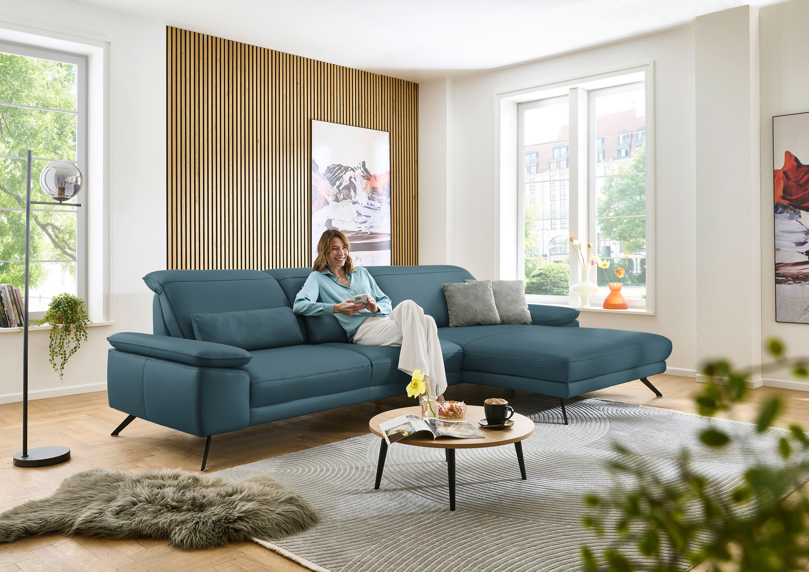 ECKSOFA in Echtleder Blau  - Blau/Schwarz, Design, Leder/Metall (332/193cm) - Dieter Knoll
